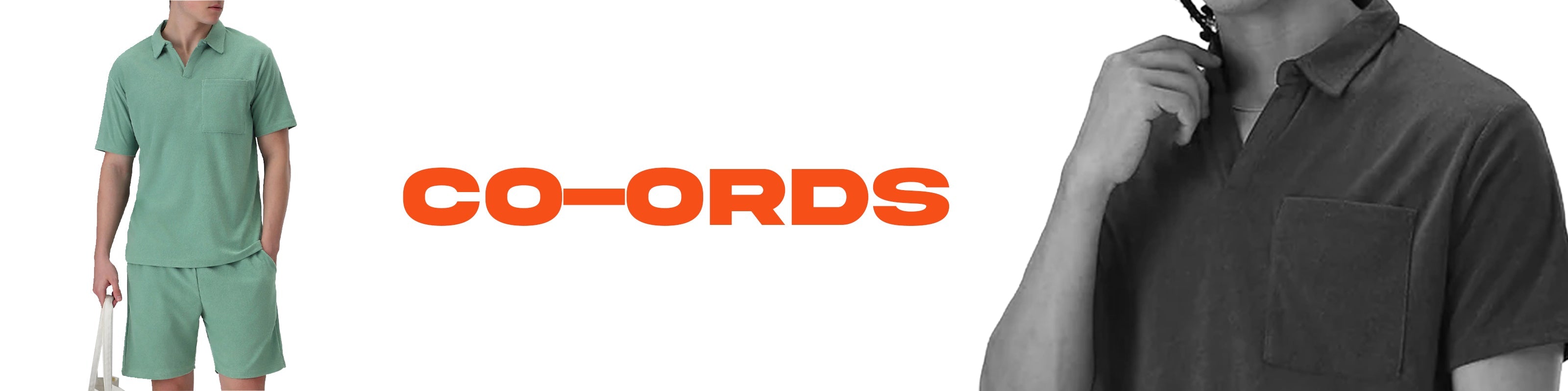 A split promotional banner for CO-ORDS showing a man in a light green polo shirt and shorts on the left, and a close-up of a man wearing a dark charcoal polo shirt on the right, with the CO-ORDS logo in orange in the center on a white background.