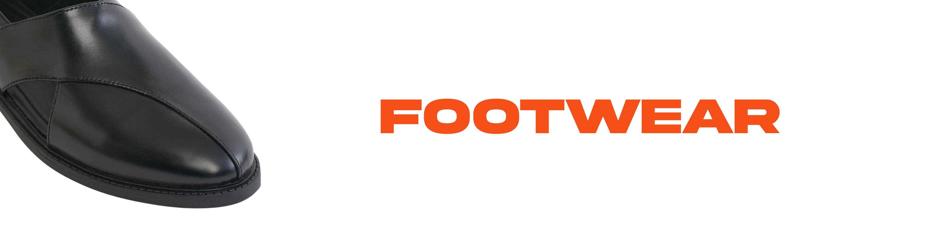 A cropped black leather shoe on the left side and the word 'FOOTWEAR' in orange on a white background.