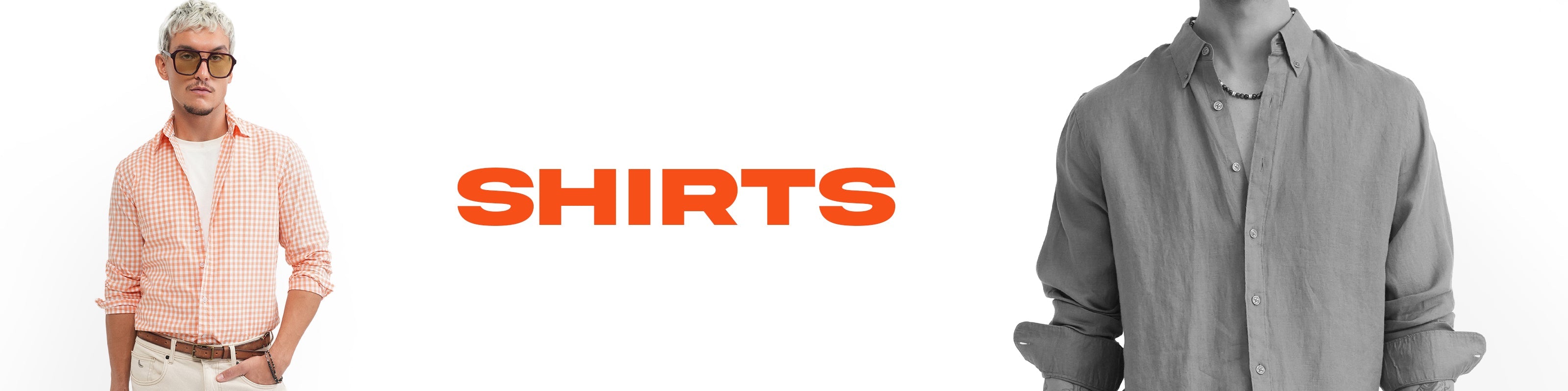 A banner-style catalog image featuring a man on the left wearing a light pink and white checkered shirt, a gray shirt on a mannequin on the right, and the word 'SHIRTS' in bold orange text in the center against a white background.