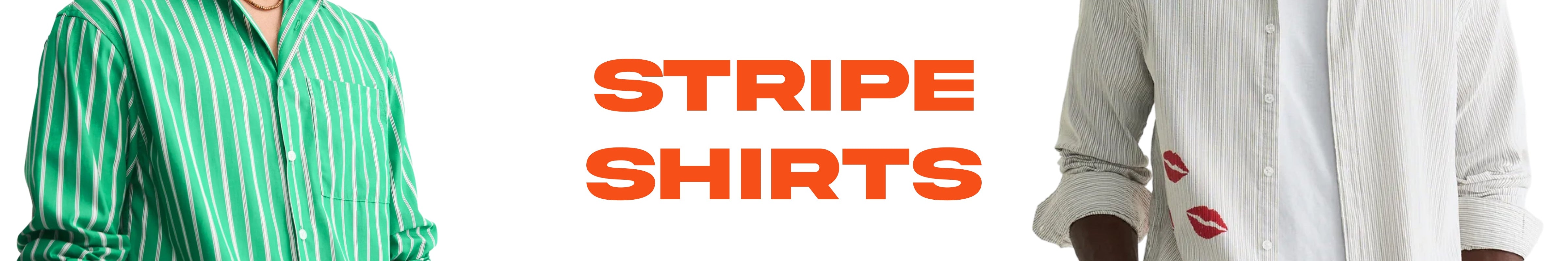 Three male models wearing striped apparel are shown against a light gray studio background, with large white text reading 'STRIPES' and smaller text 'FROM SUBTLE TO STATEMENT.' on the right.