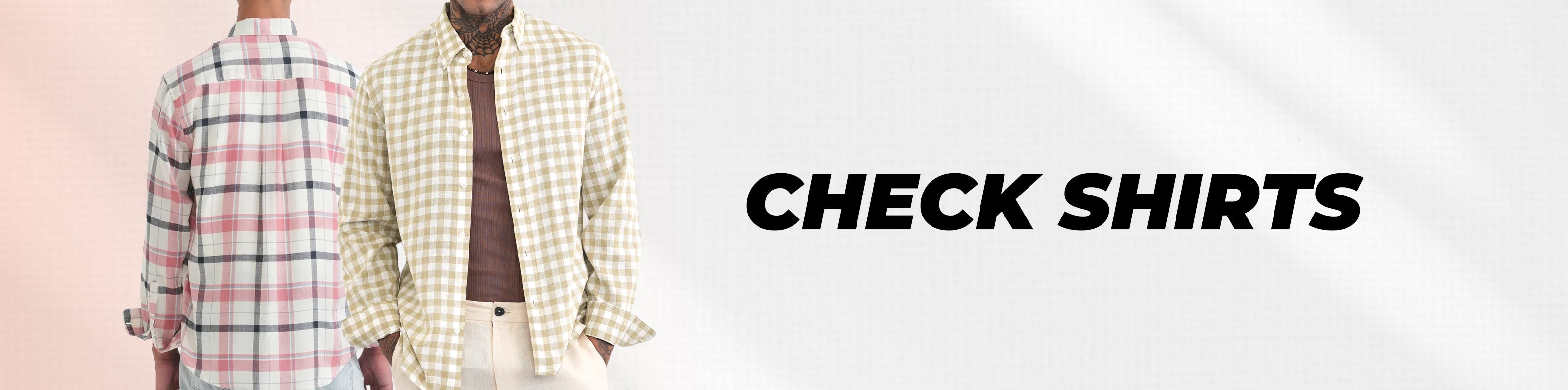 Two men modeling checkered shirts on a light gray background with the text 'CHECK SHIRTS' in bold black letters.