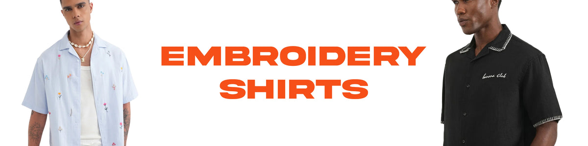 Two men modeling embroidered short-sleeve shirts side by side, with large black text reading 'EMBROIDERY SHIRTS' on a light background. One shirt is black with white embroidery, and the other is purple with white embroidery.