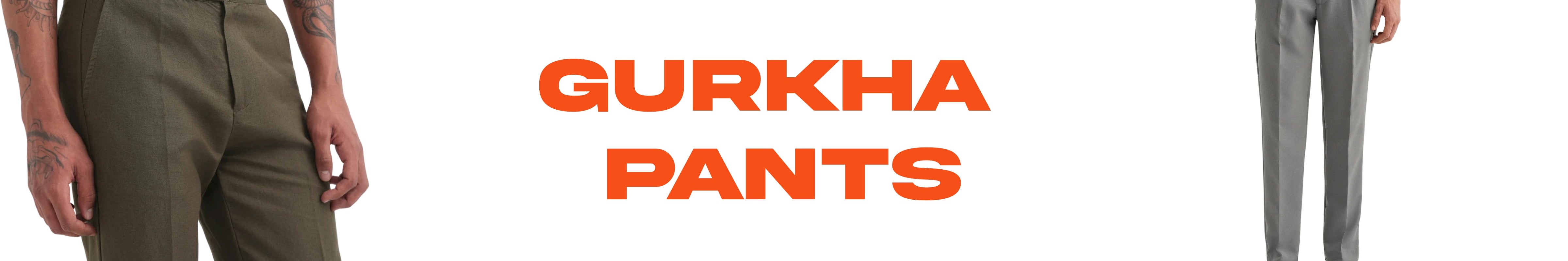 Two models wearing trousers shown side by side against a light gray background, with the word 'GURKHA' printed in bold on the right. The left model wears light gray trousers, and the right model wears beige trousers.