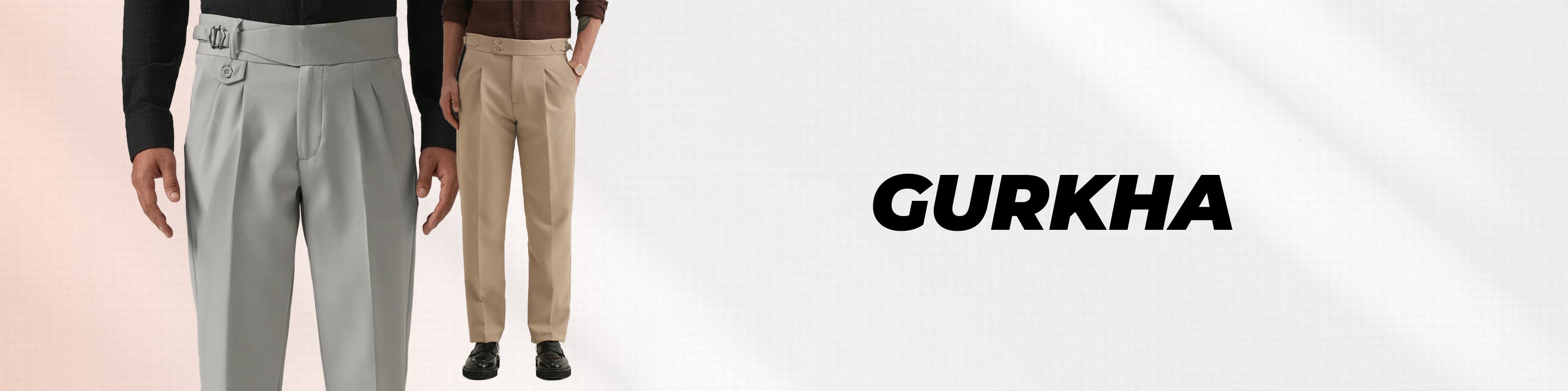 Two models wearing trousers shown side by side against a light gray background, with the word 'GURKHA' printed in bold on the right. The left model wears light gray trousers, and the right model wears beige trousers.