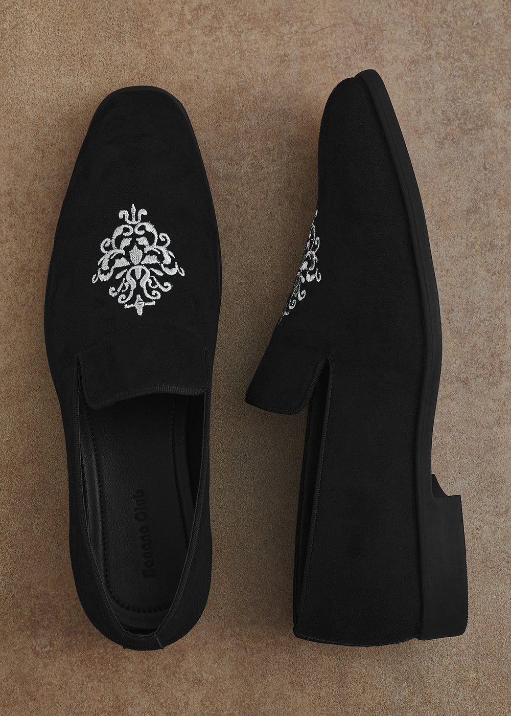 Black Suede Embroidered Loafers