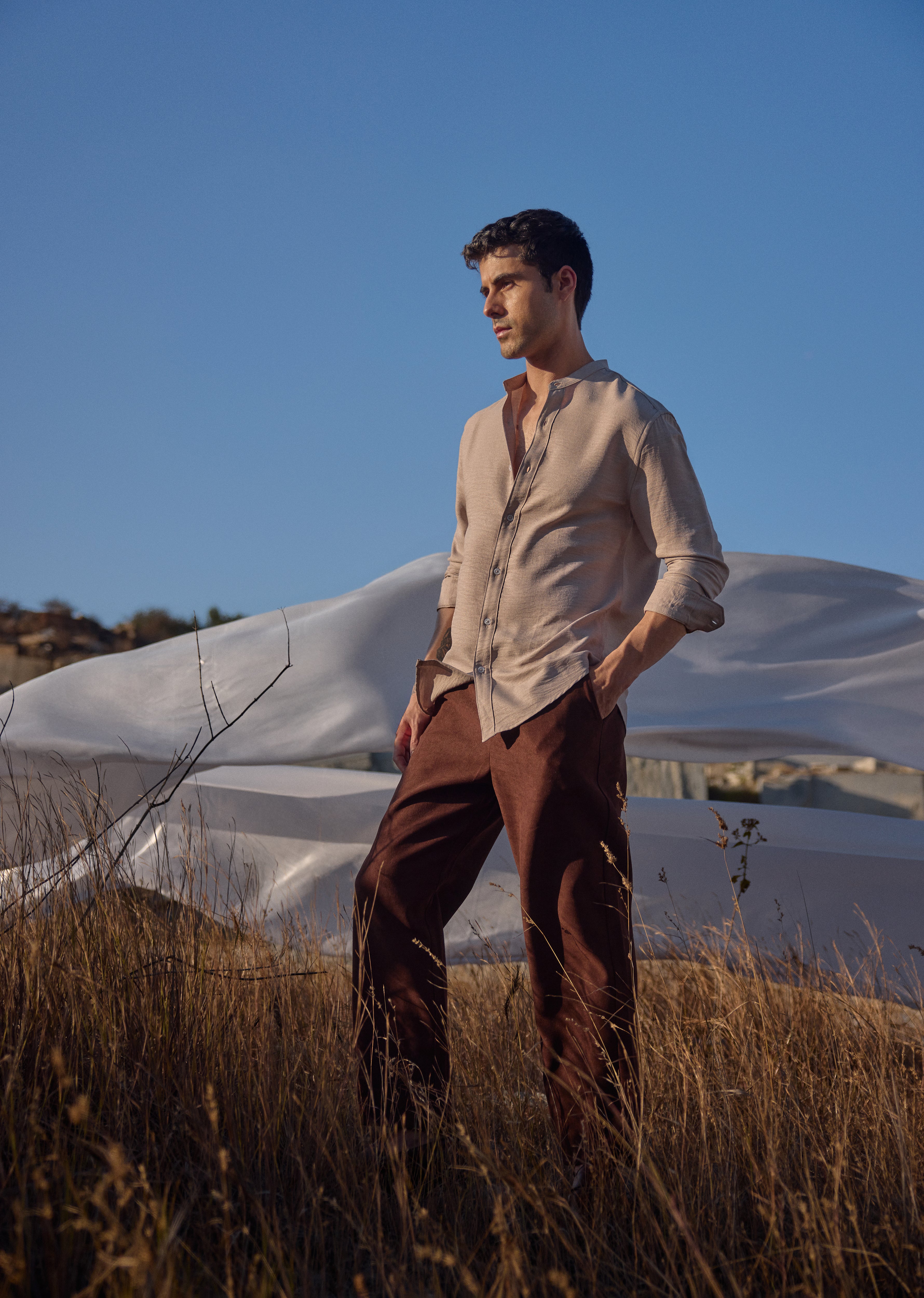 Tan Plain Mandarin Collar Shirt