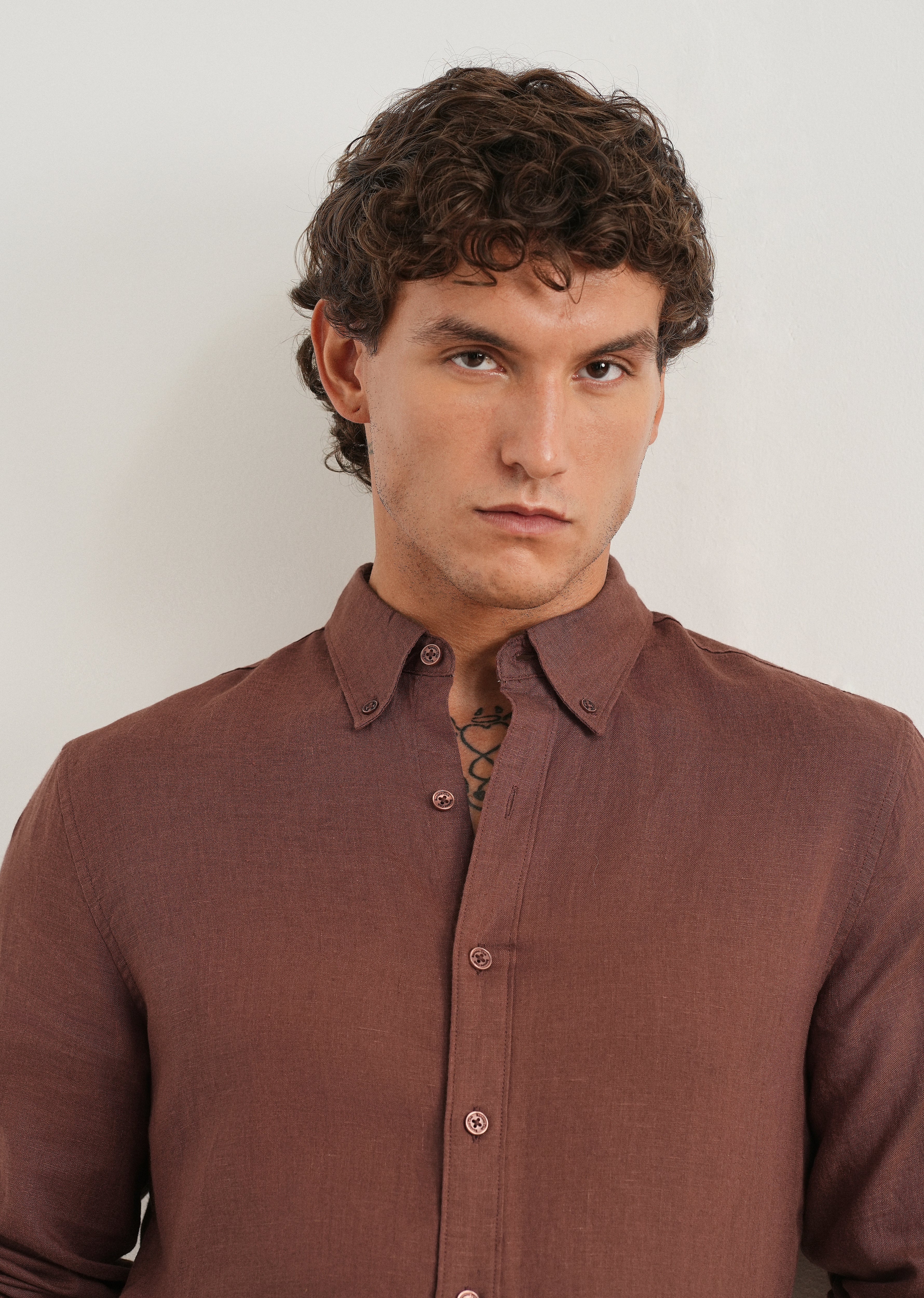 100% Pure Linen Umber Brown Regular Fit Shirt