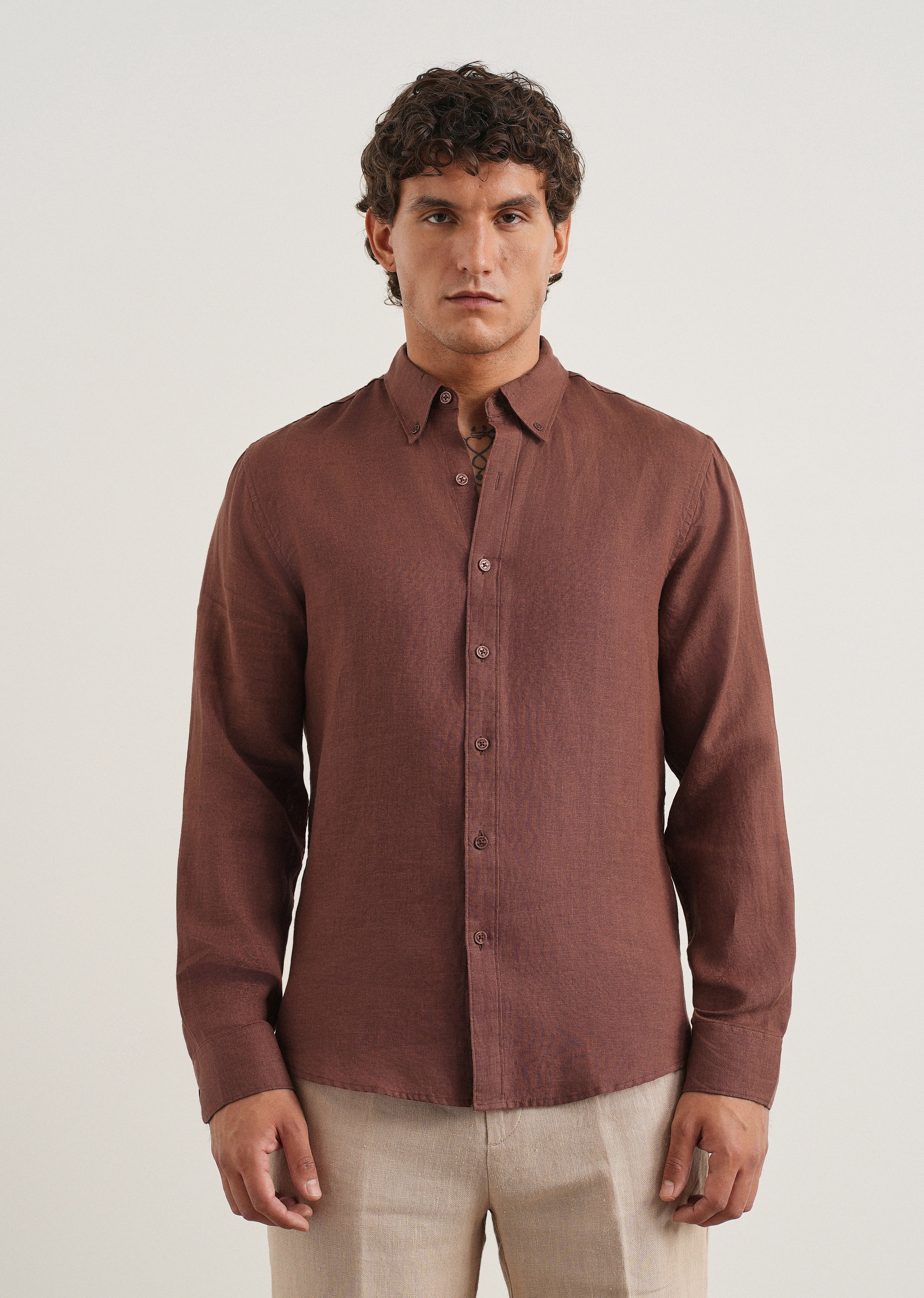 100% Pure Linen Umber Brown Regular Fit Shirt