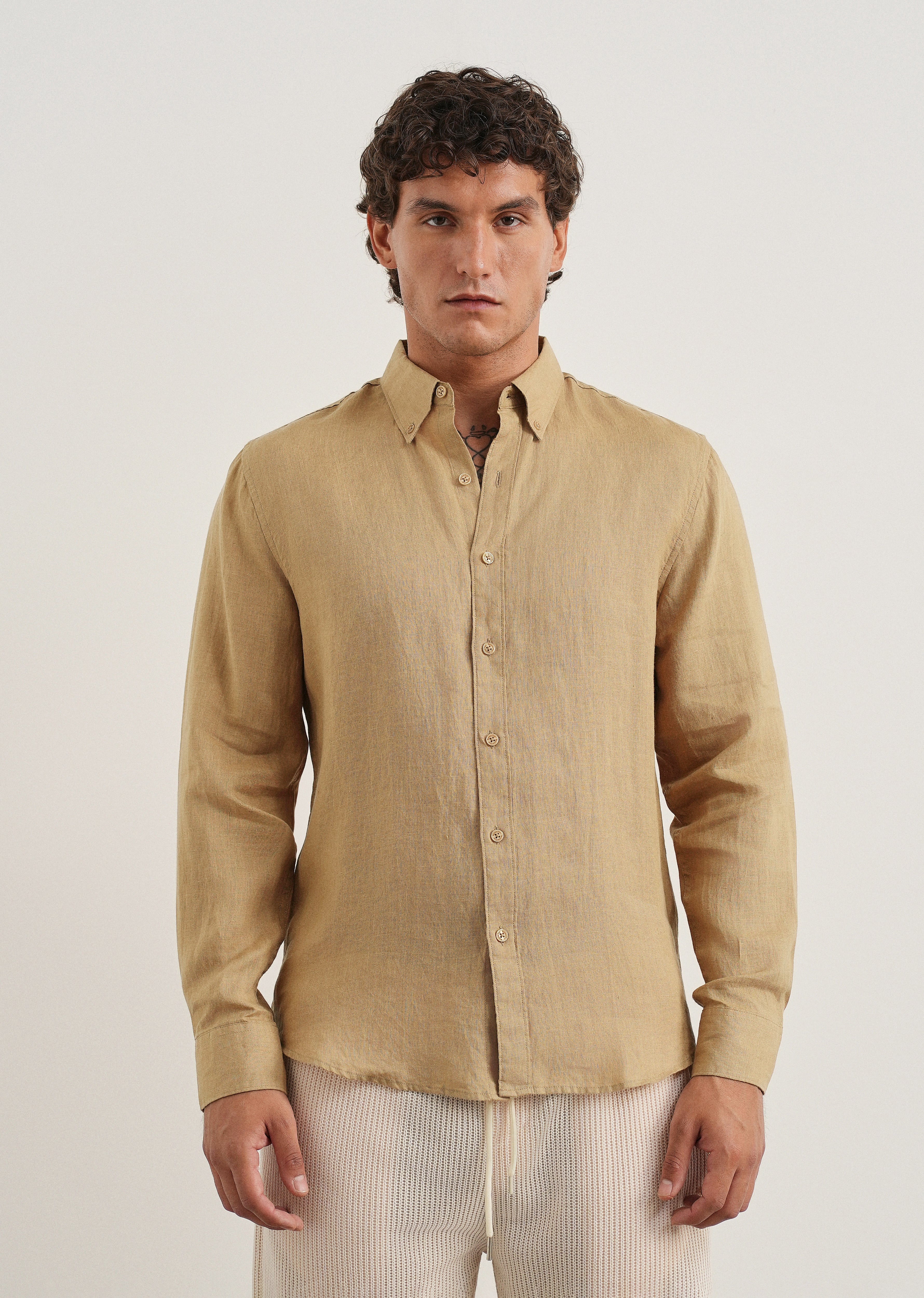 100% Pure Linen Khaki Regular Fit Shirt
