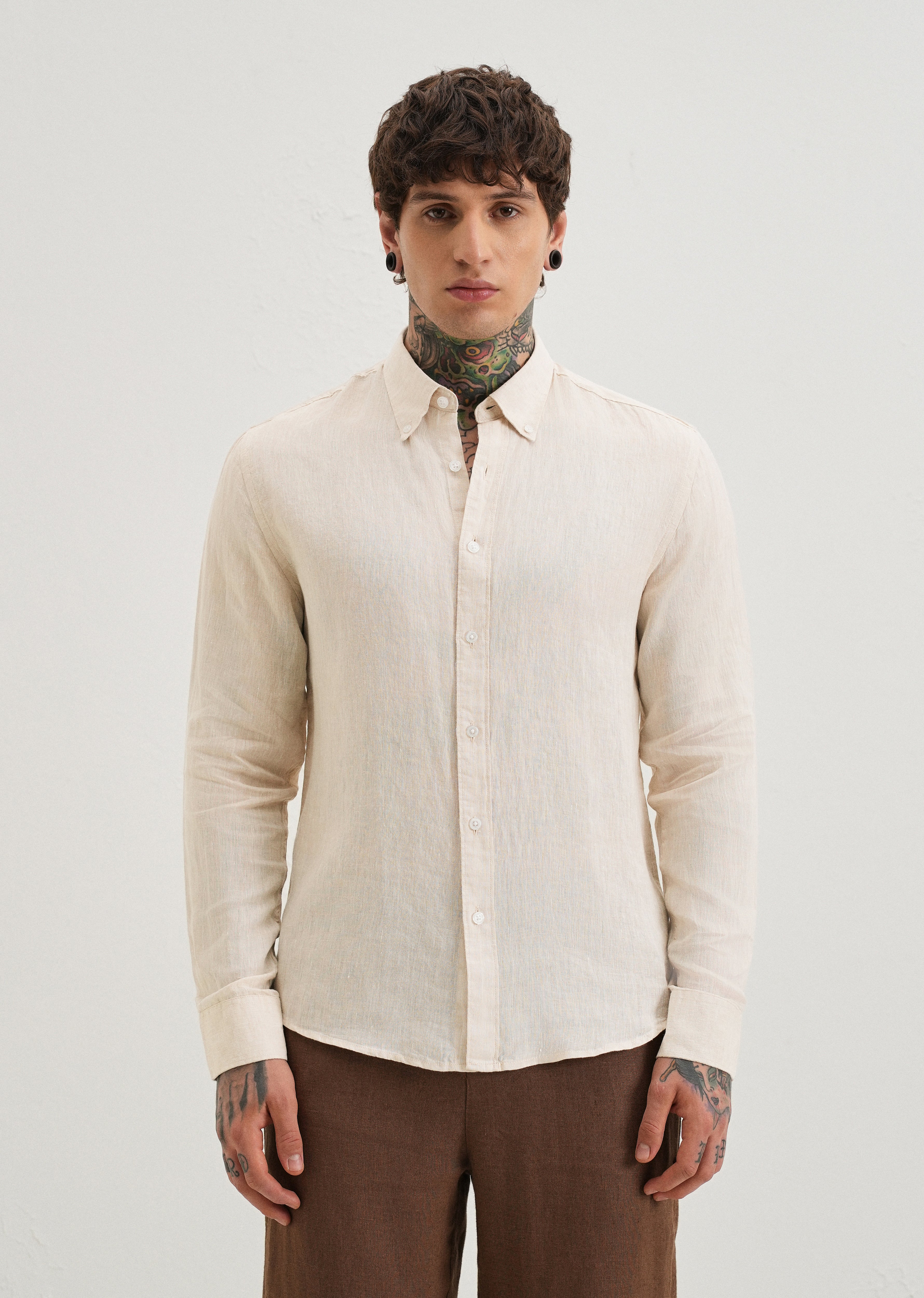 100% Pure Irish Sepia Beige Linen Shirt