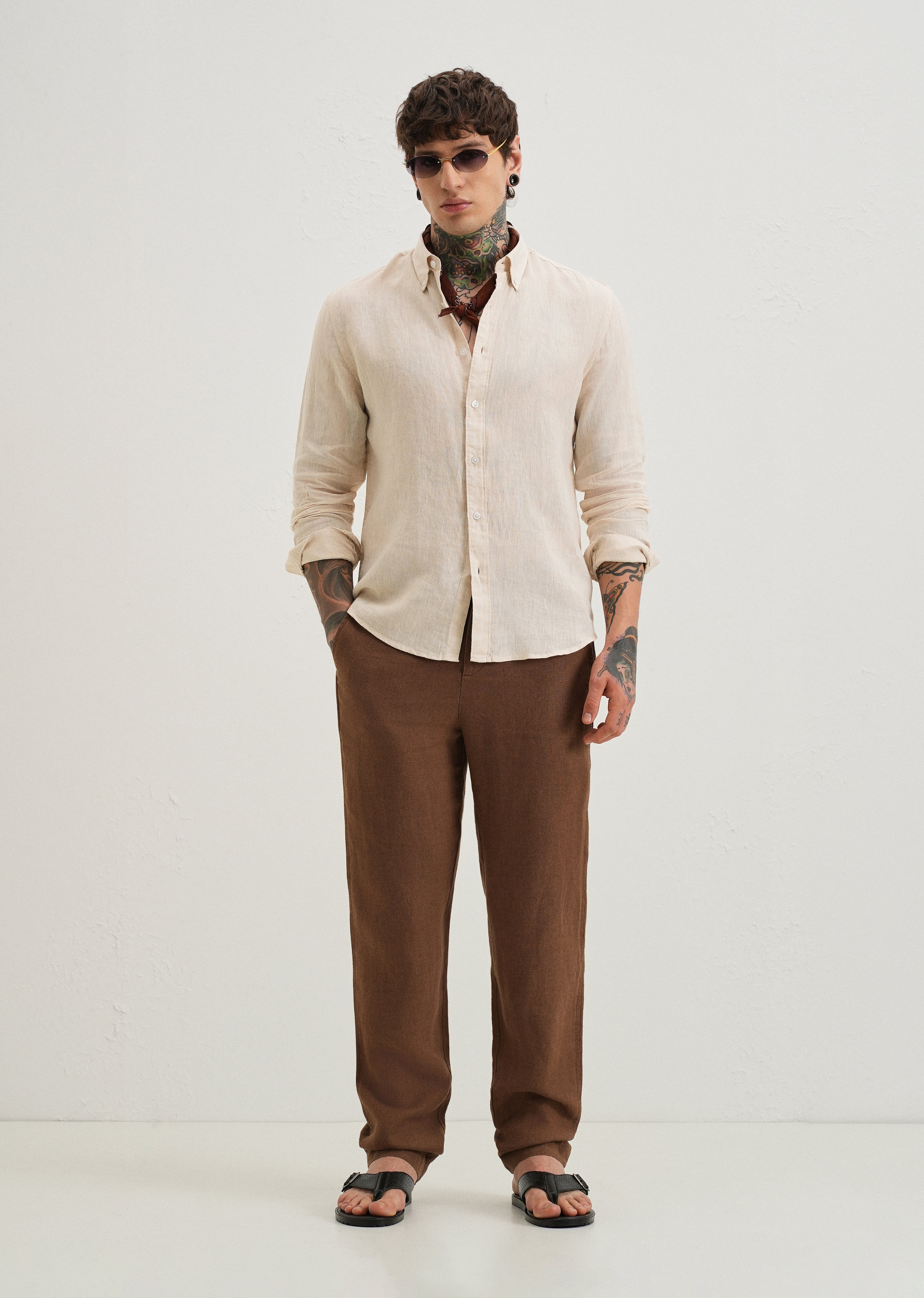 100% Pure Irish Sepia Beige Linen Shirt