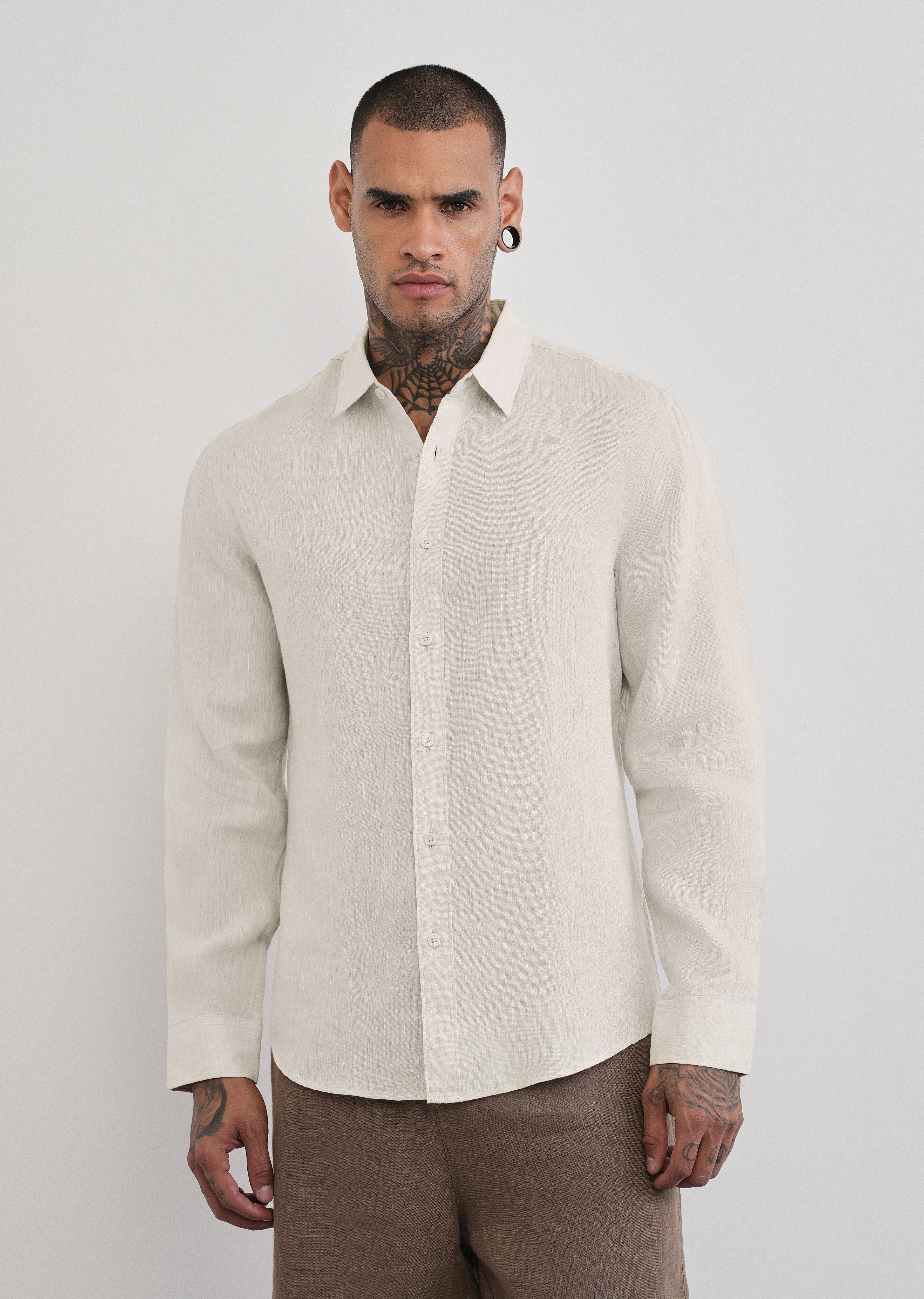100% Pure Linen Beige Plain Shirt