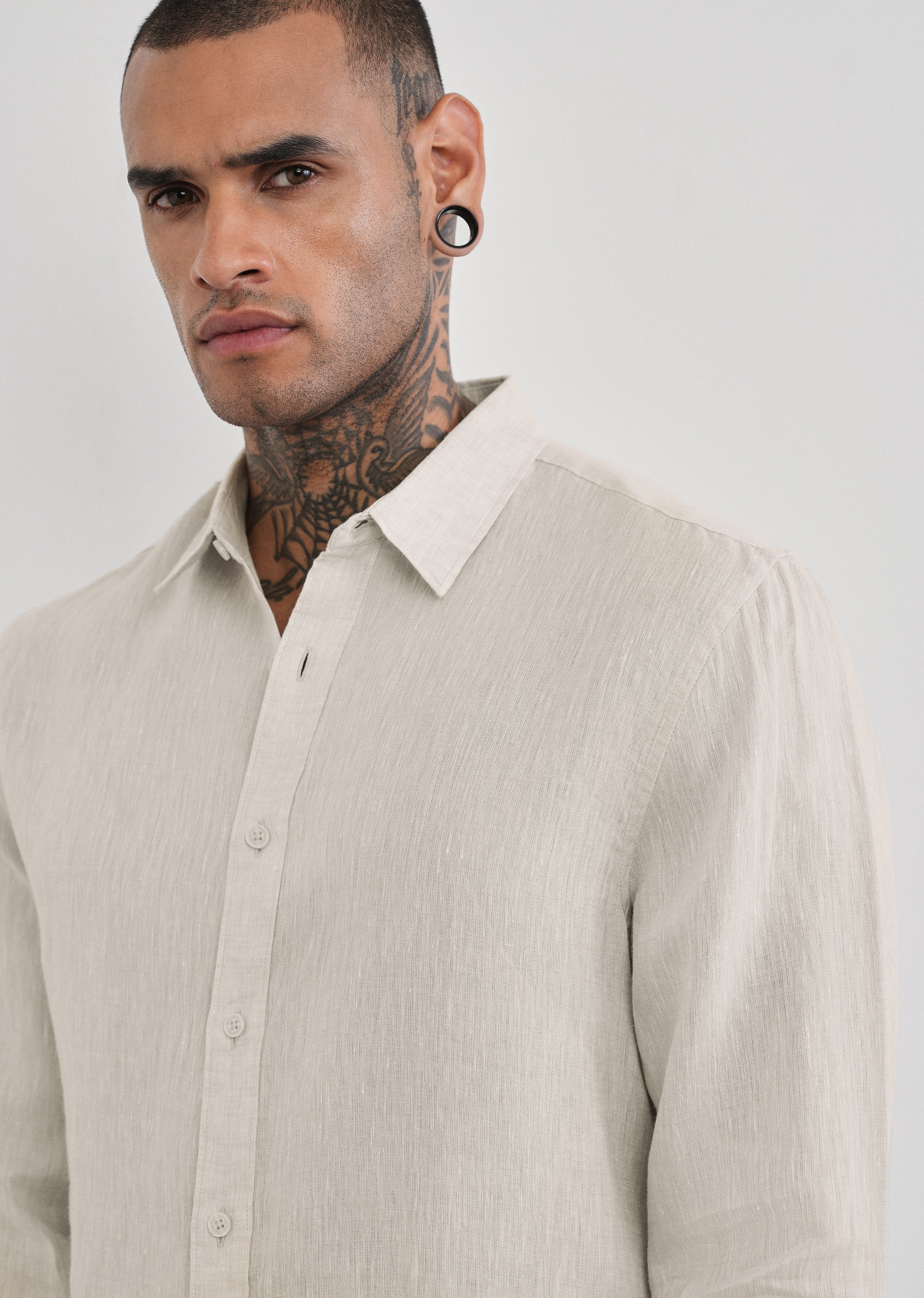 100% Pure Linen Beige Plain Shirt