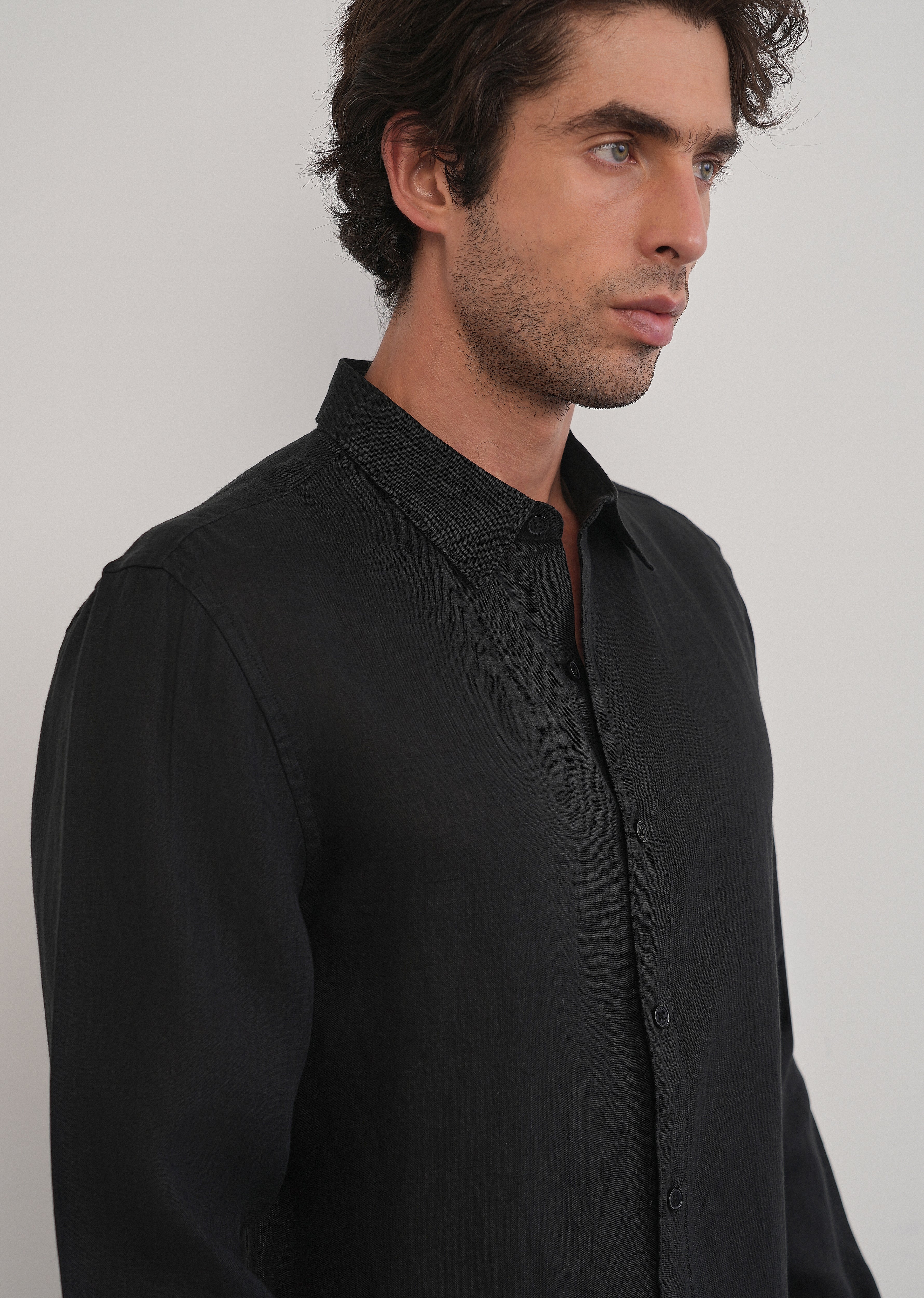 100% Pure Linen Black Plain Shirt