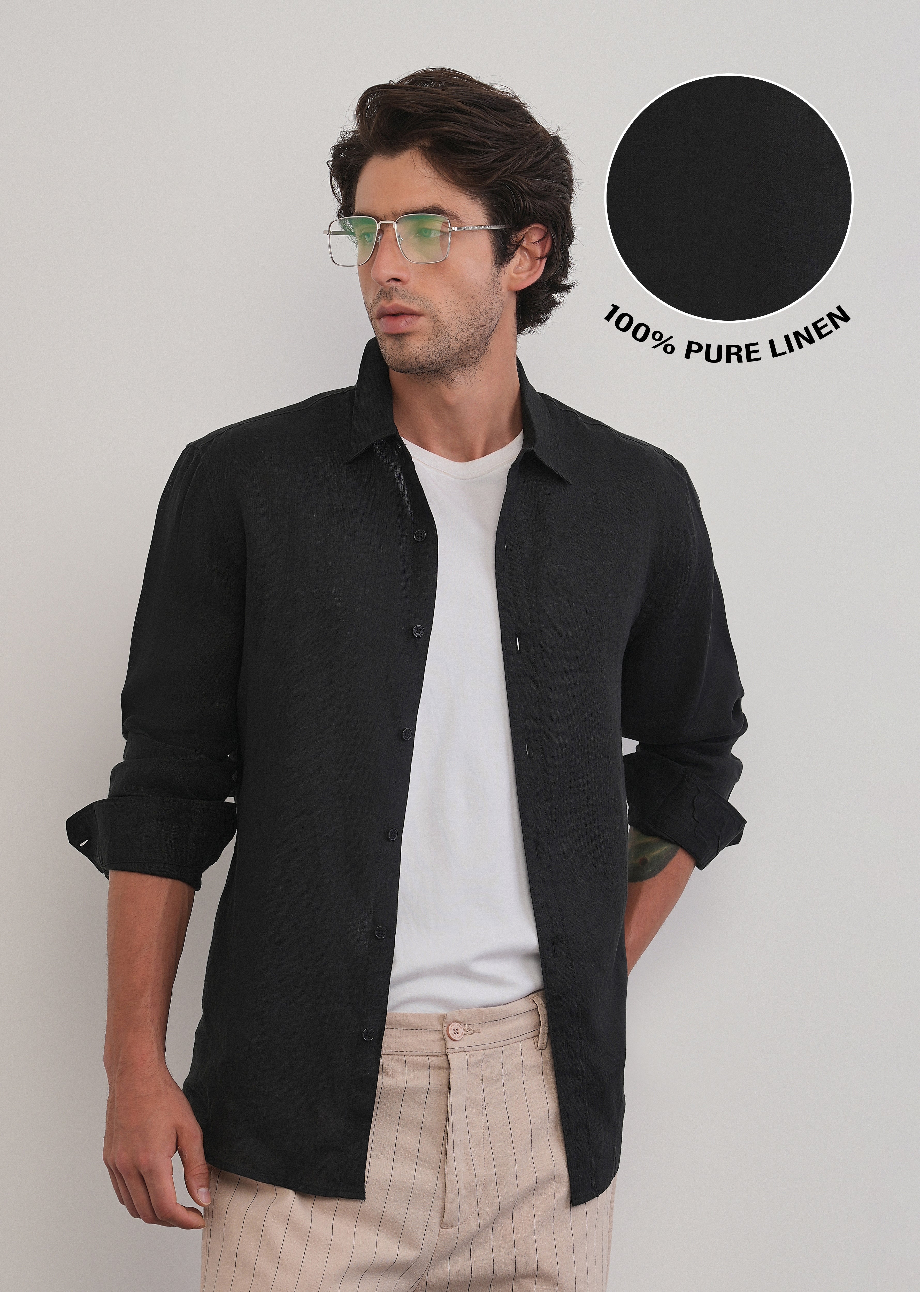 100% Pure Linen Black Plain Shirt