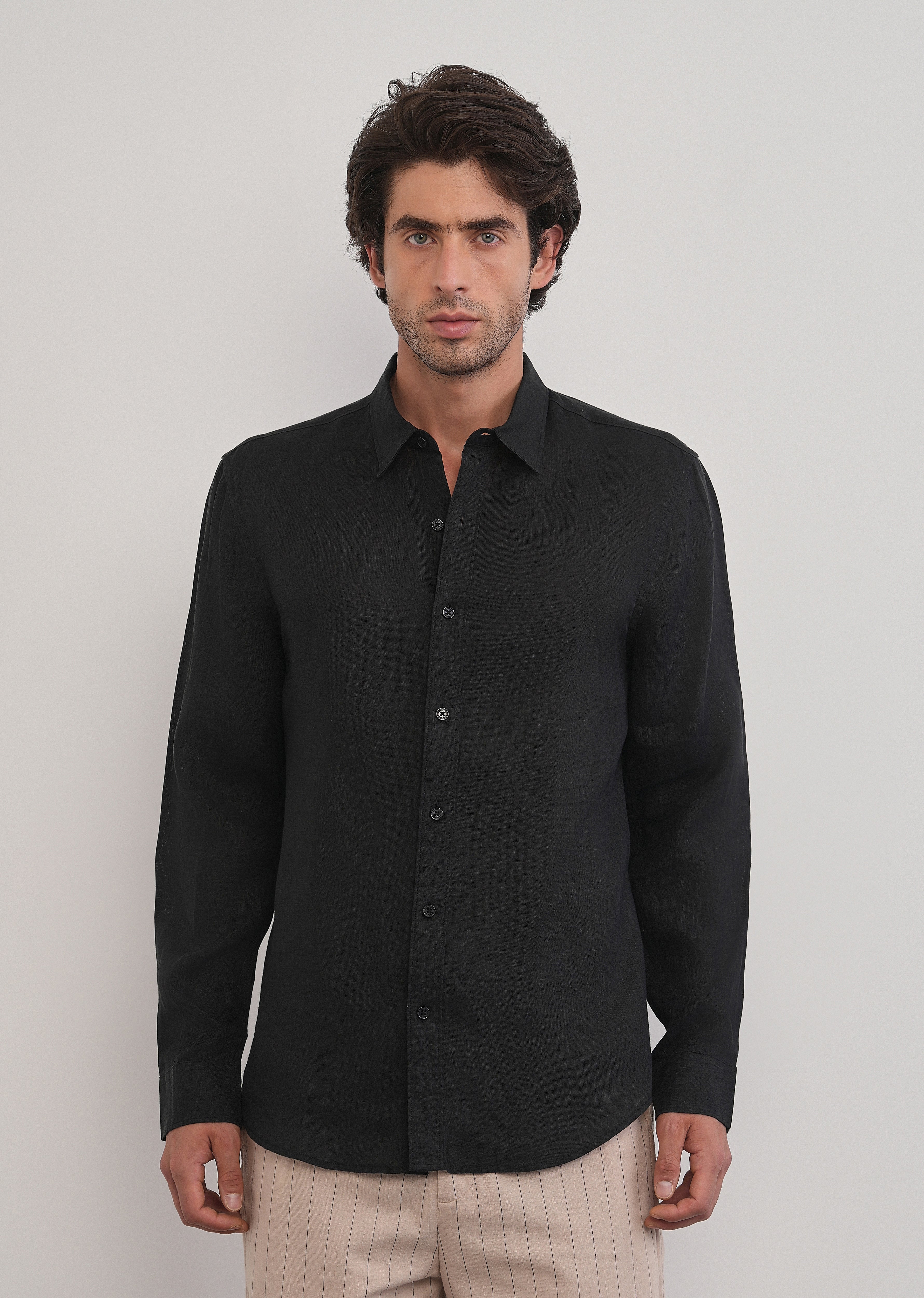 100% Pure Linen Black Plain Shirt