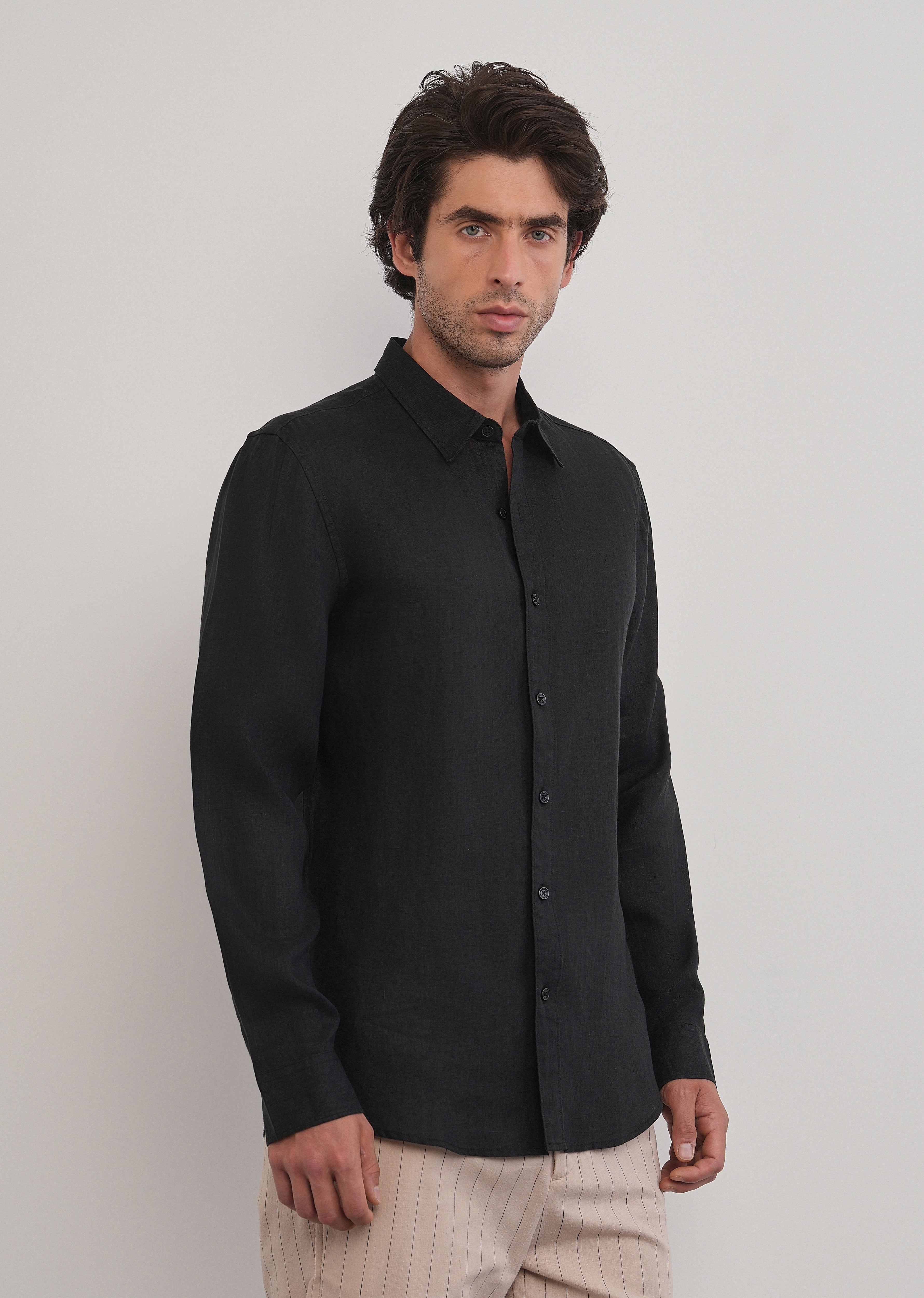 100% Pure Linen Black Plain Shirt