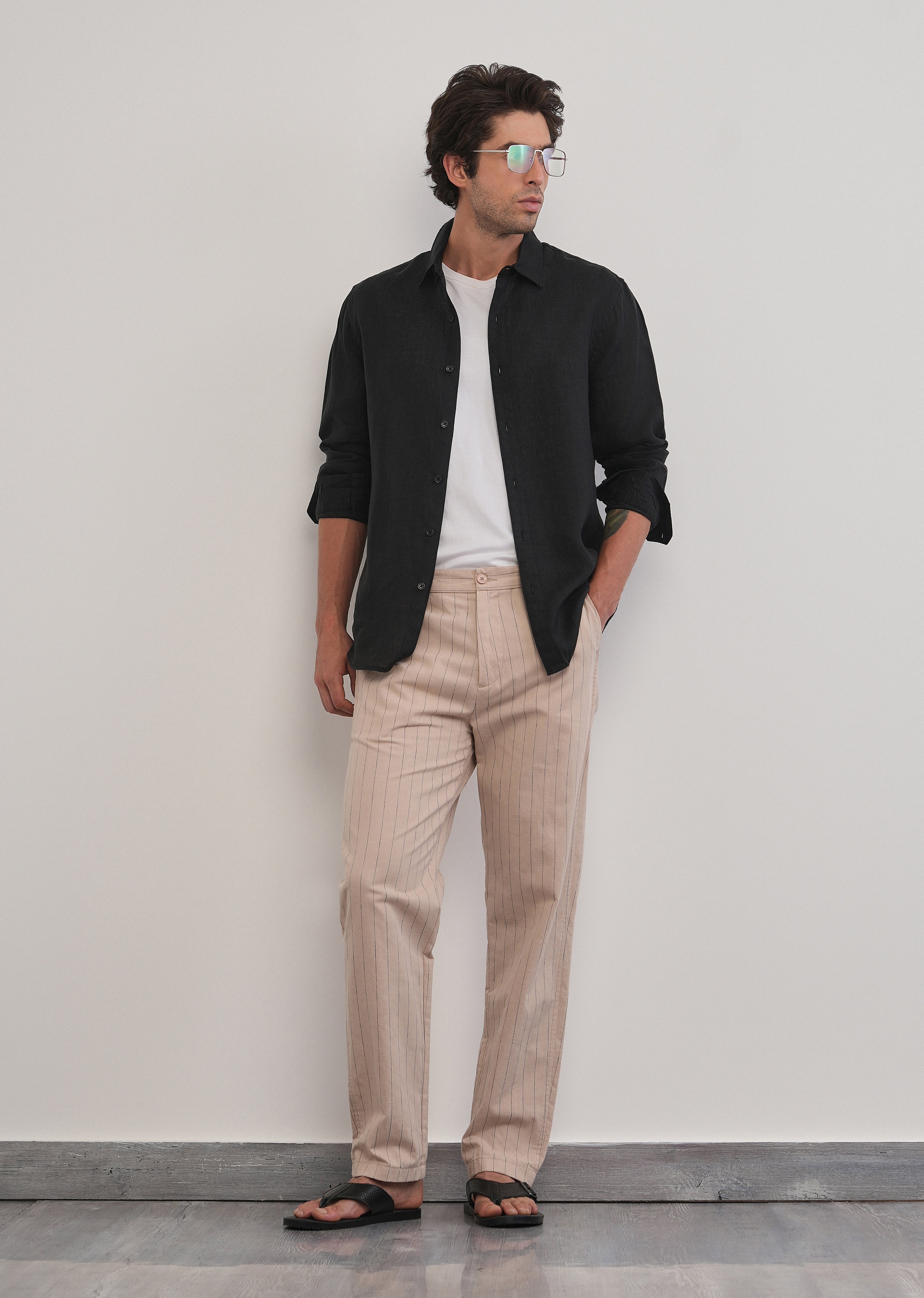 100% Pure Linen Black Plain Shirt