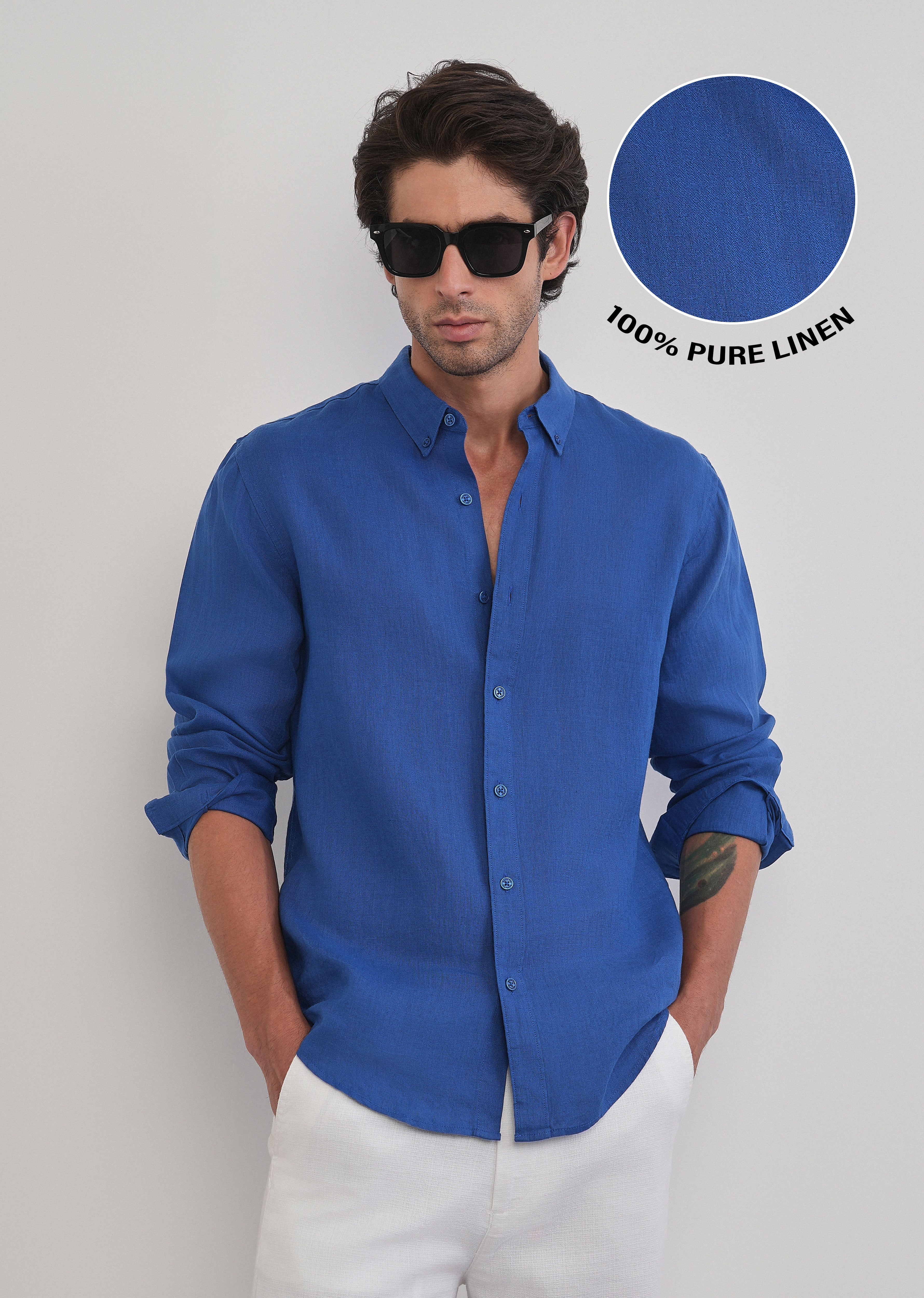 100% Pure Linen Blue Plain Shirt