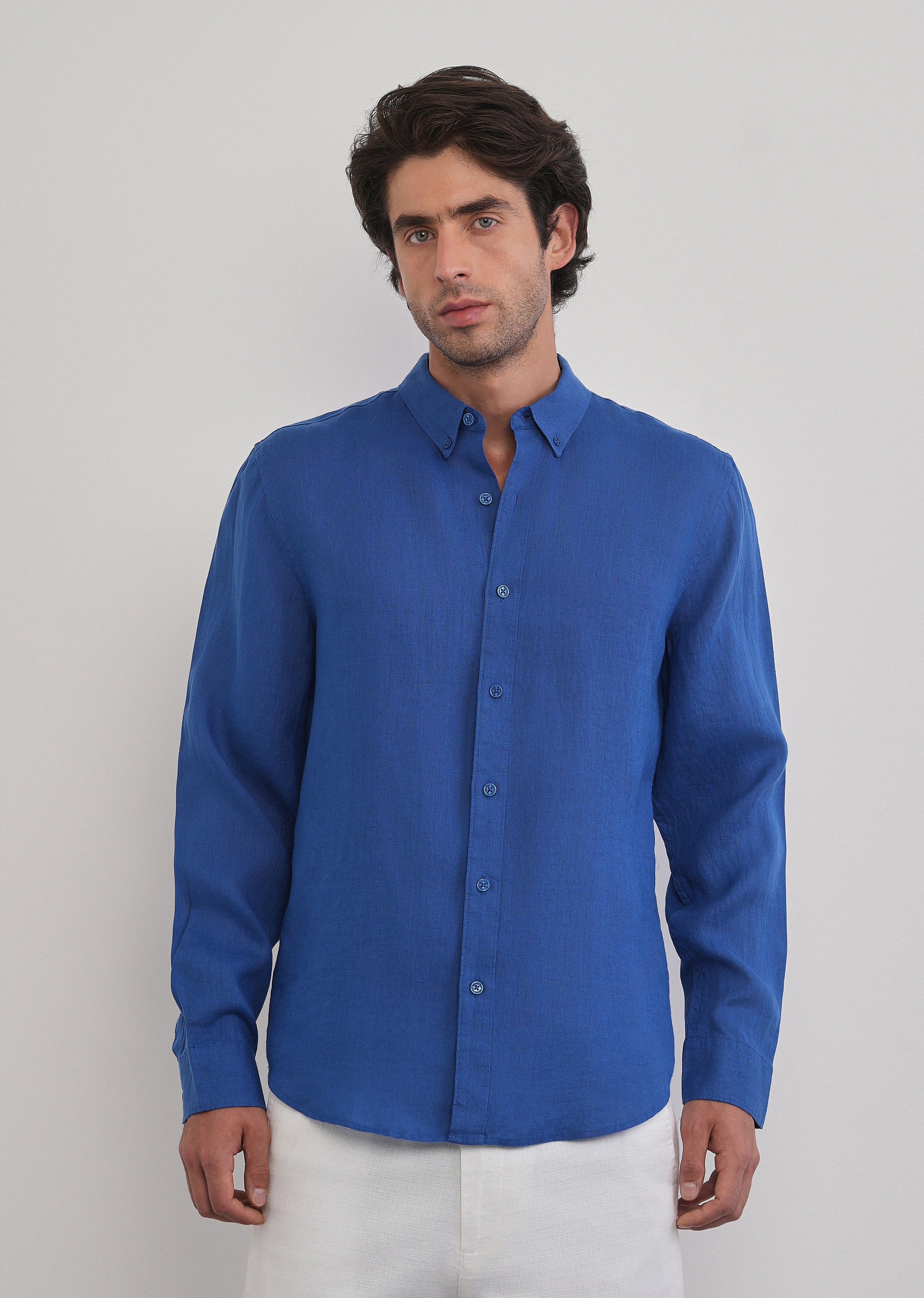 100% Pure Linen Blue Plain Shirt