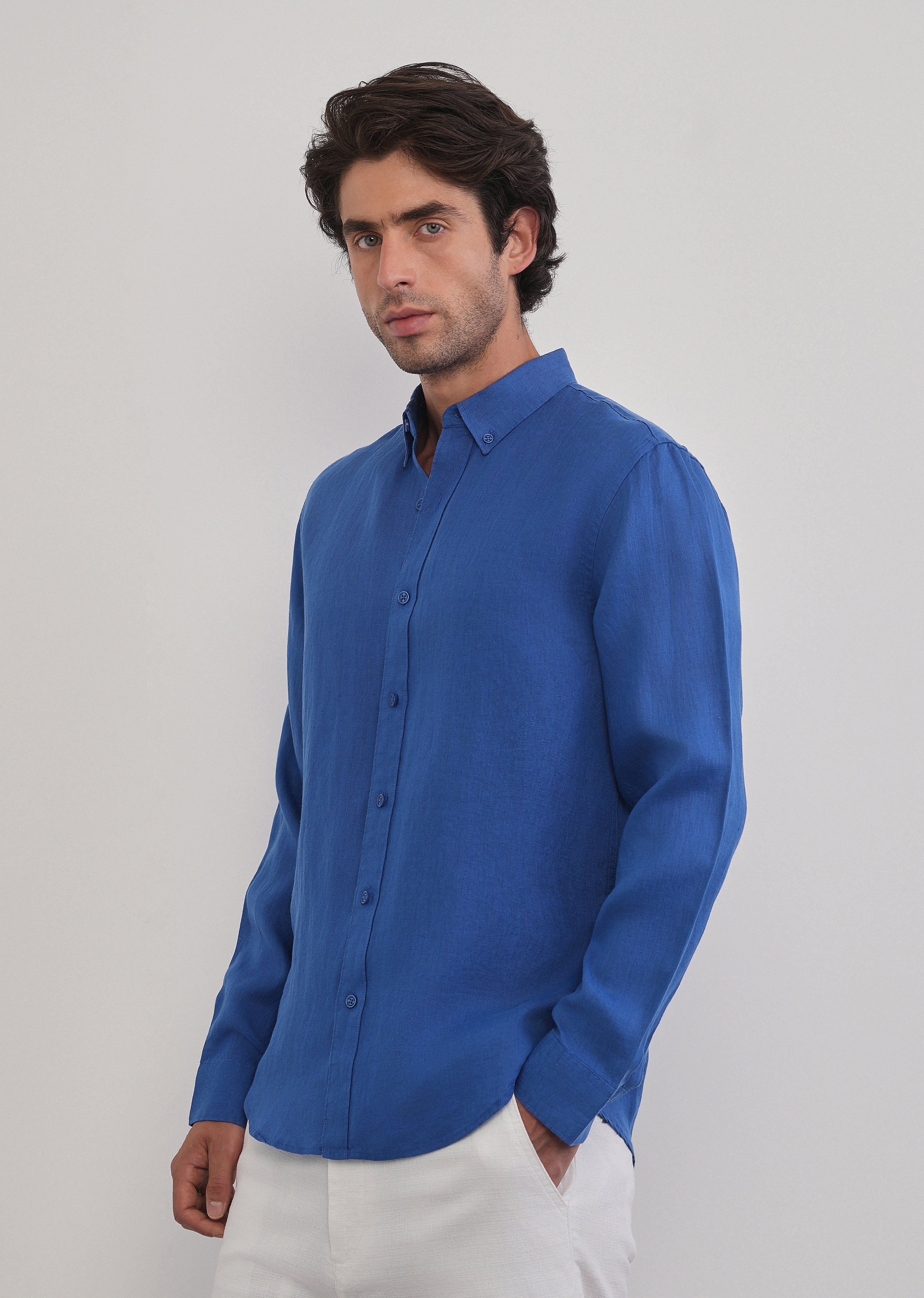 100% Pure Linen Blue Plain Shirt