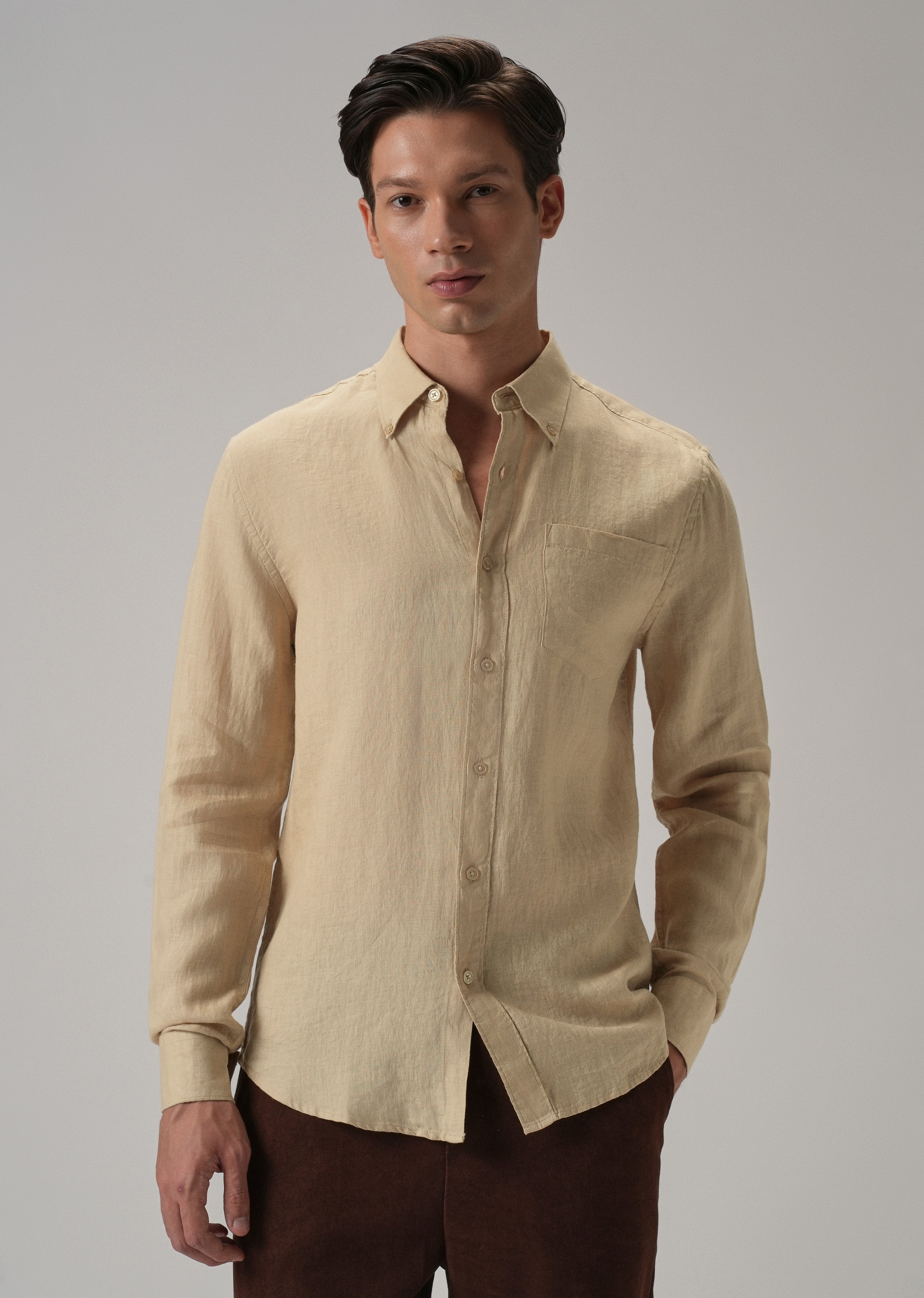 100% Pure Dark Beige Linen Shirt