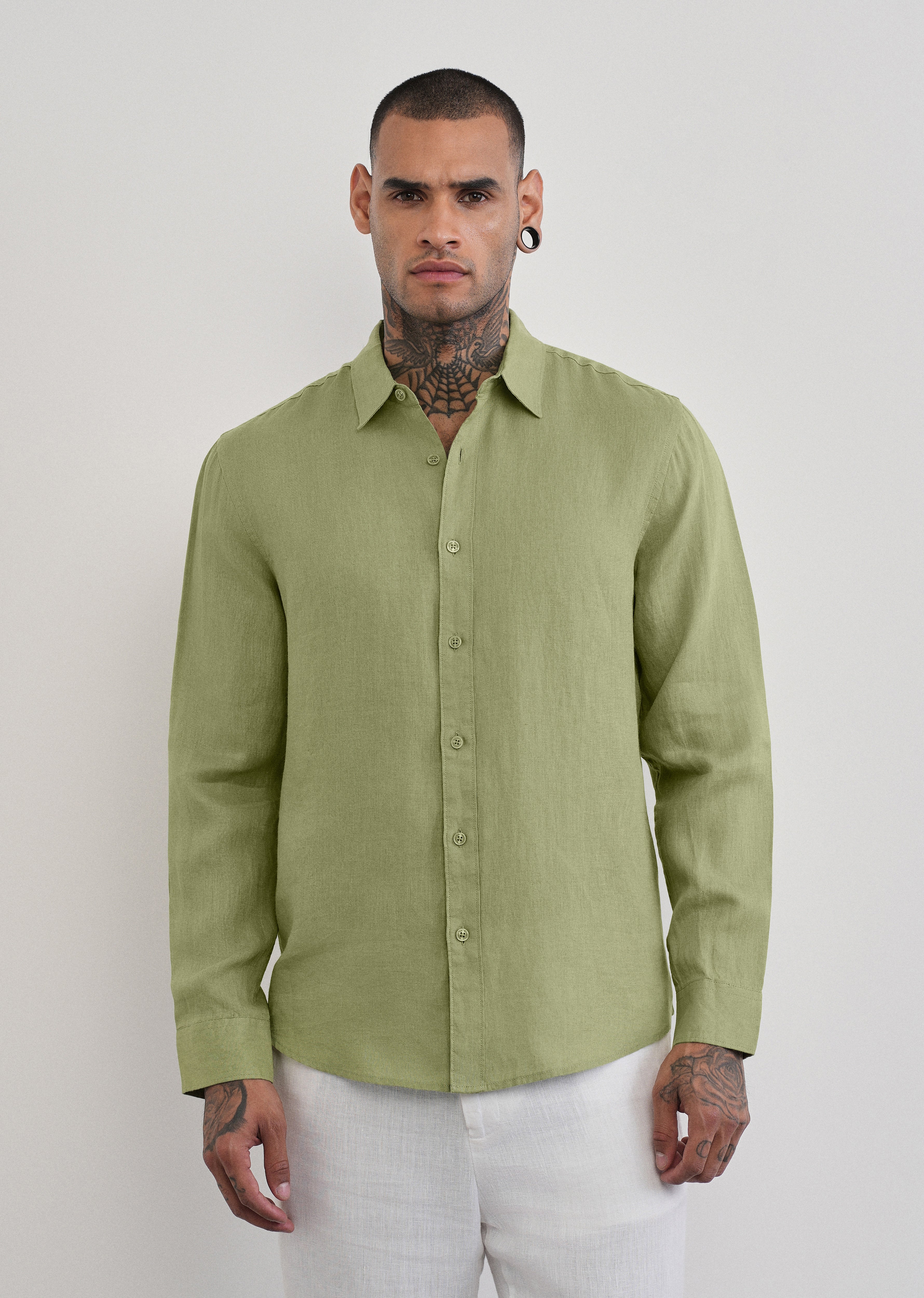 100% Pure Linen Sage Green Plain Shirt