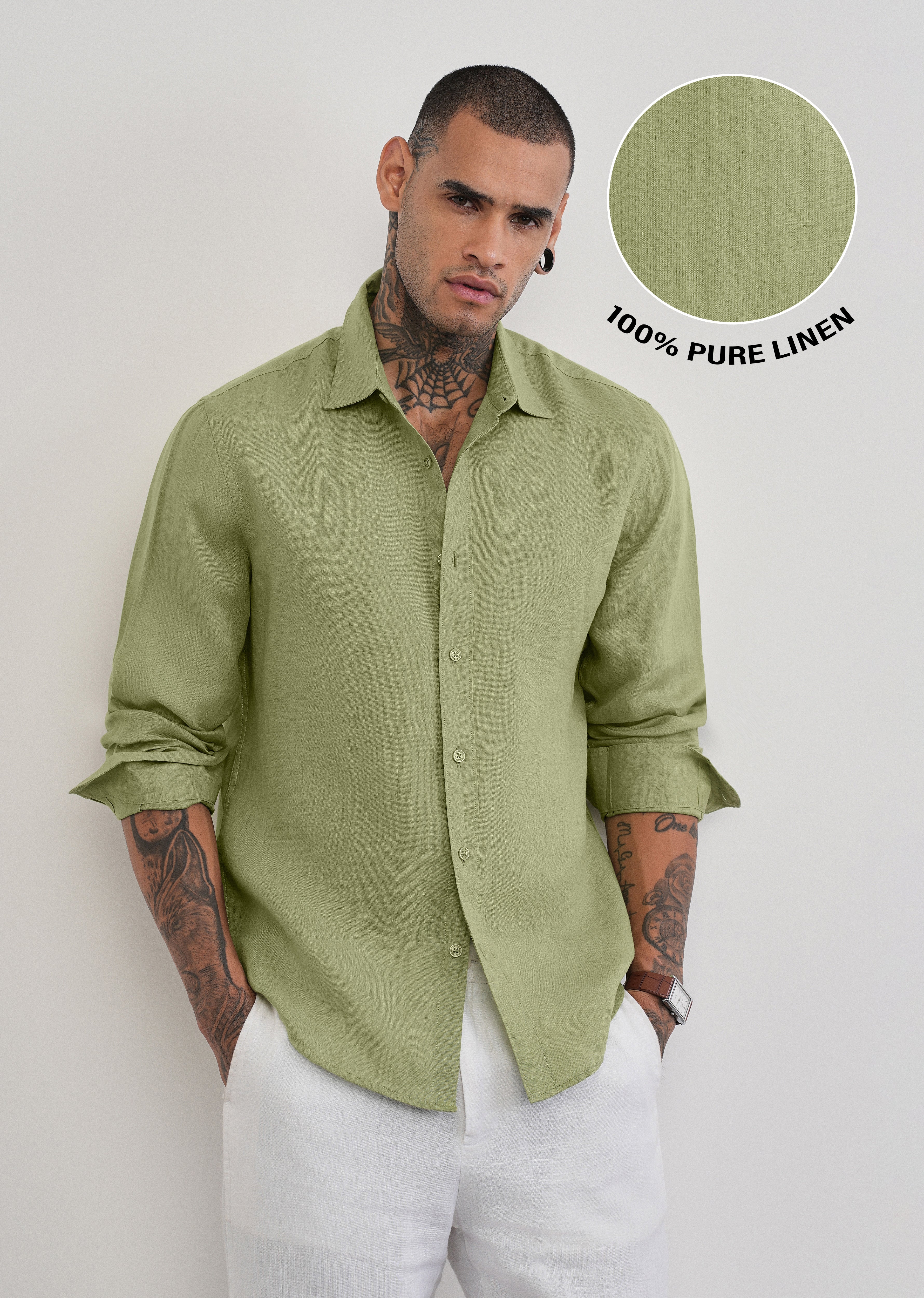 100% Pure Linen Sage Green Plain Shirt