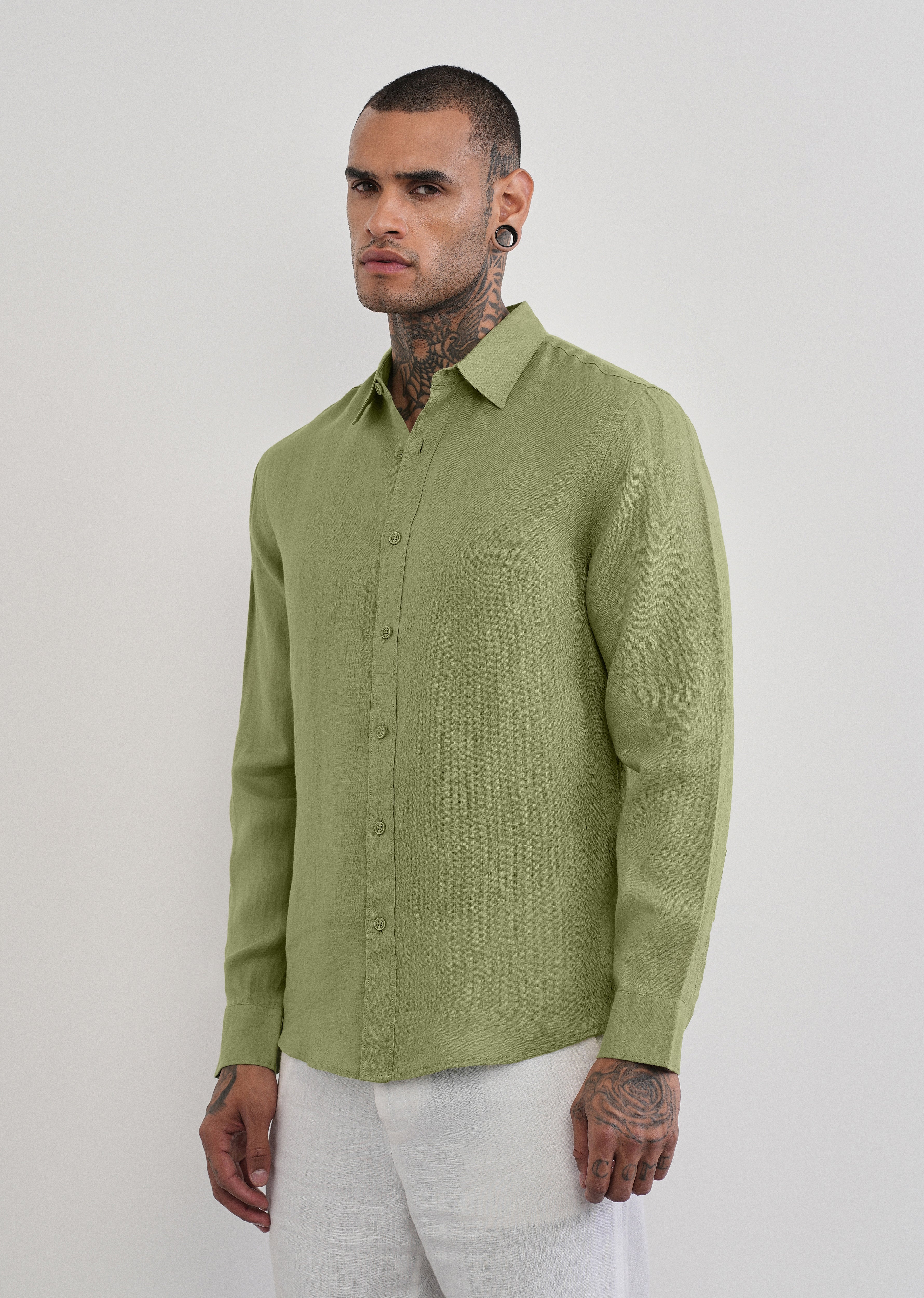 100% Pure Linen Sage Green Plain Shirt