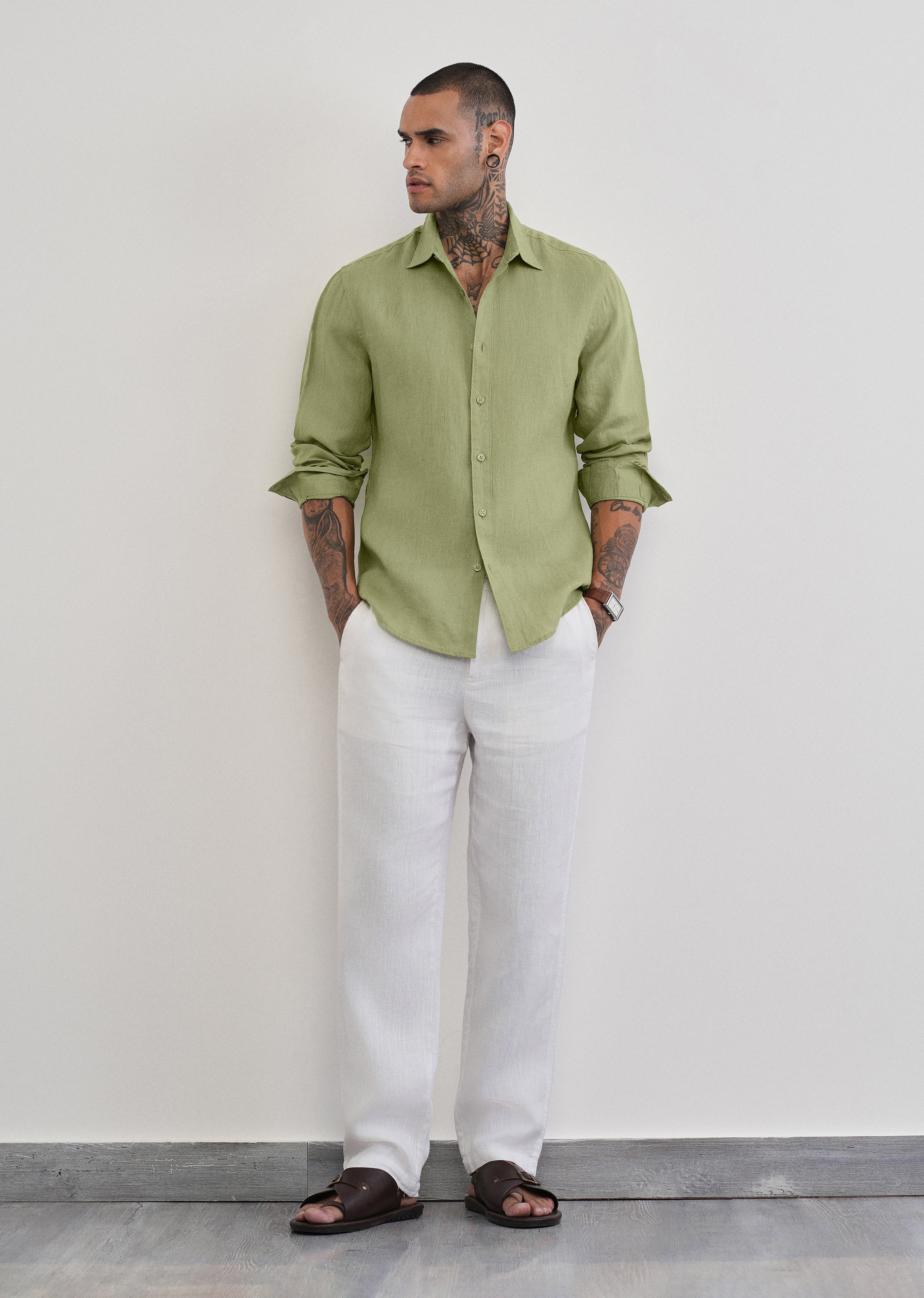 100% Pure Linen Sage Green Plain Shirt