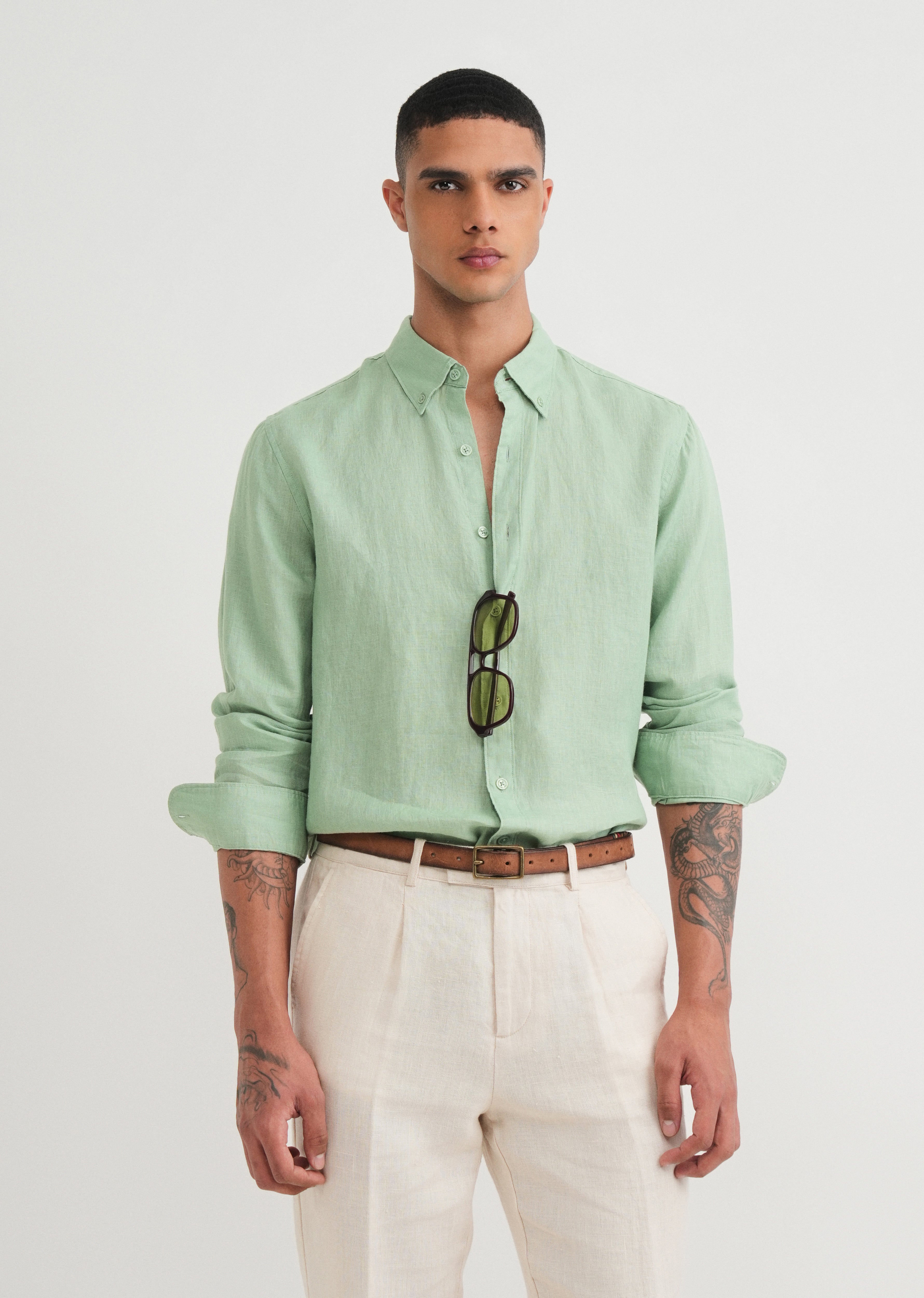 100% Pure Linen Green Shirt