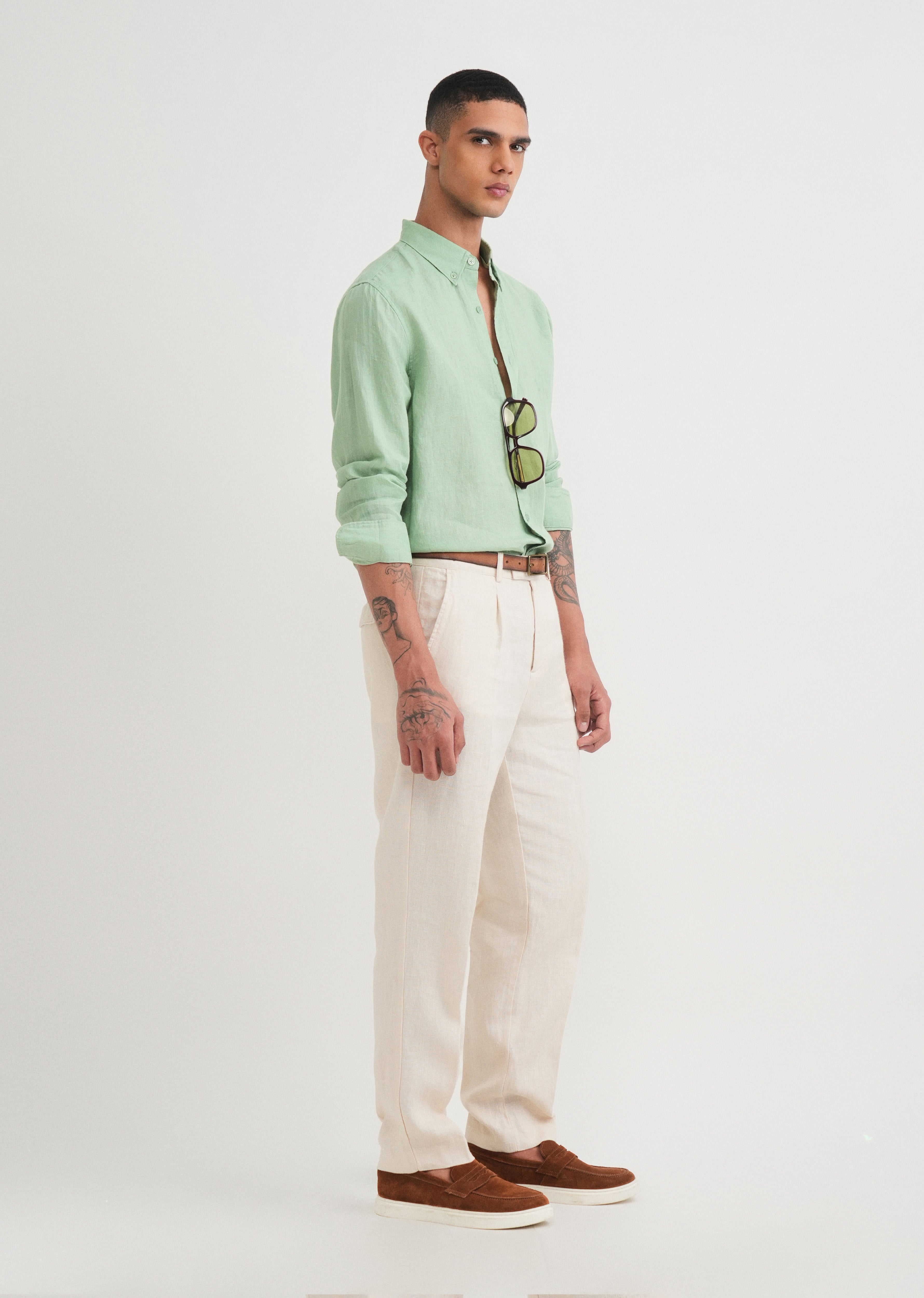 100% Pure Linen Green Shirt
