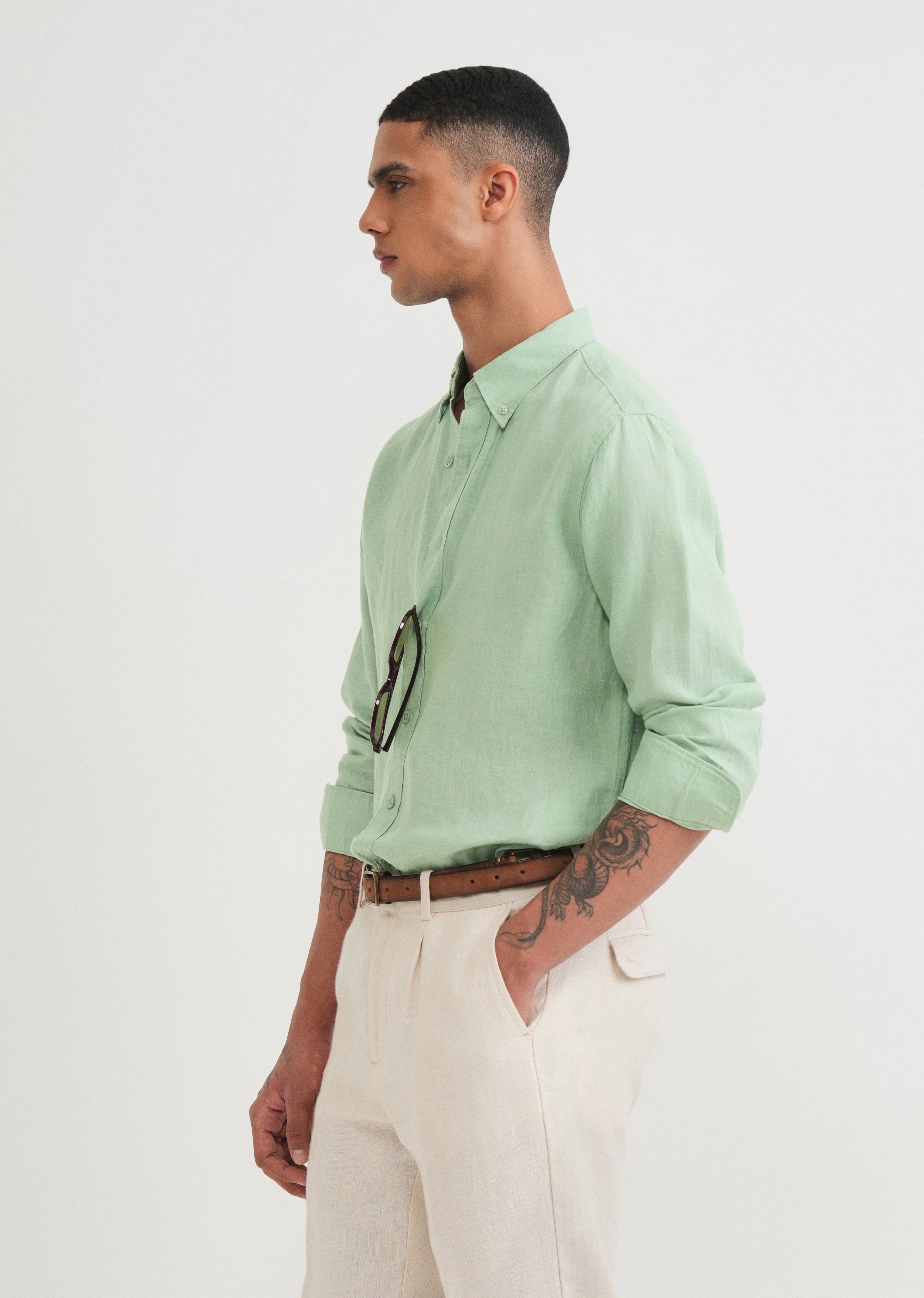 100% Pure Linen Green Shirt