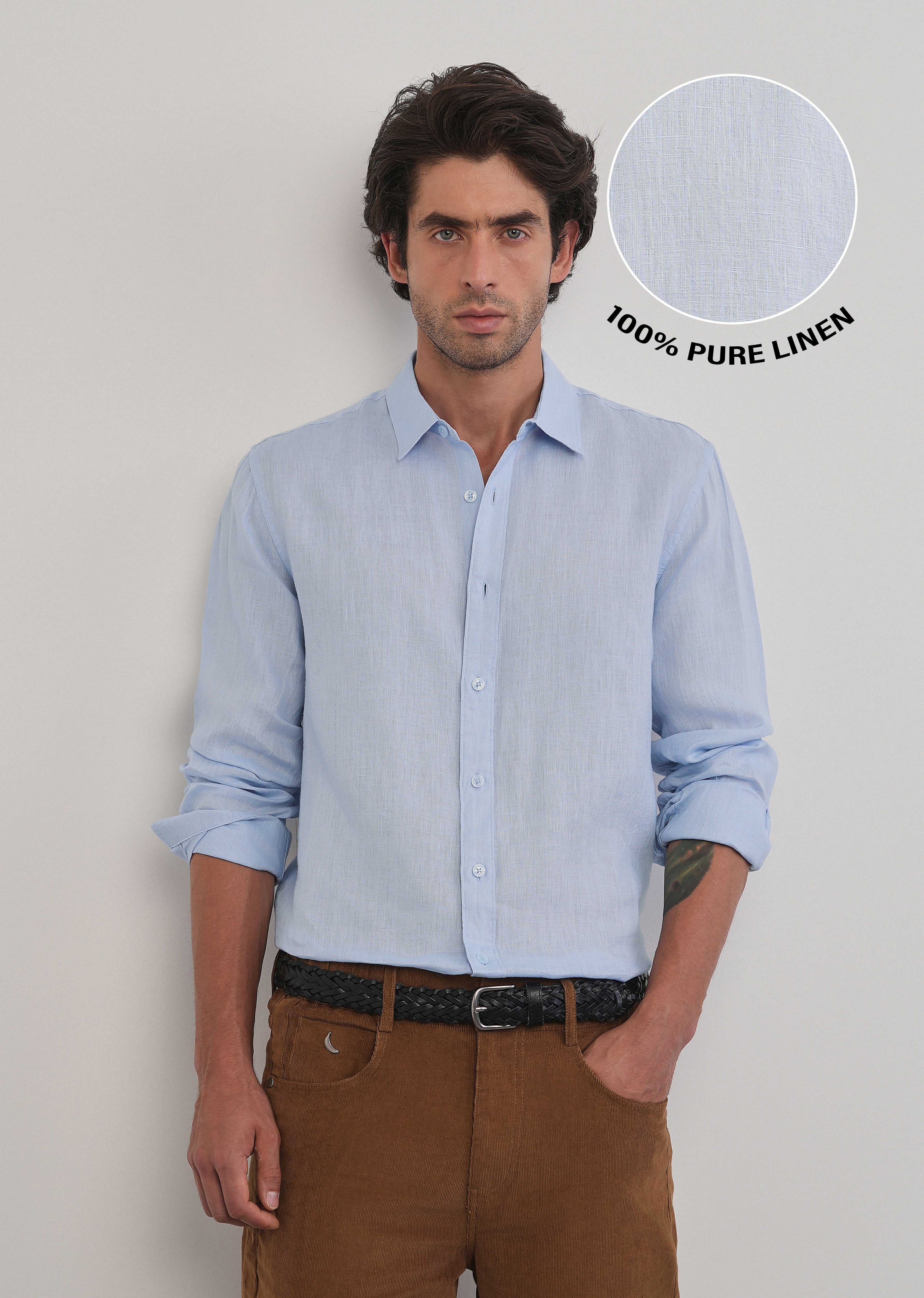 100% Pure Linen Light Blue Plain Shirt
