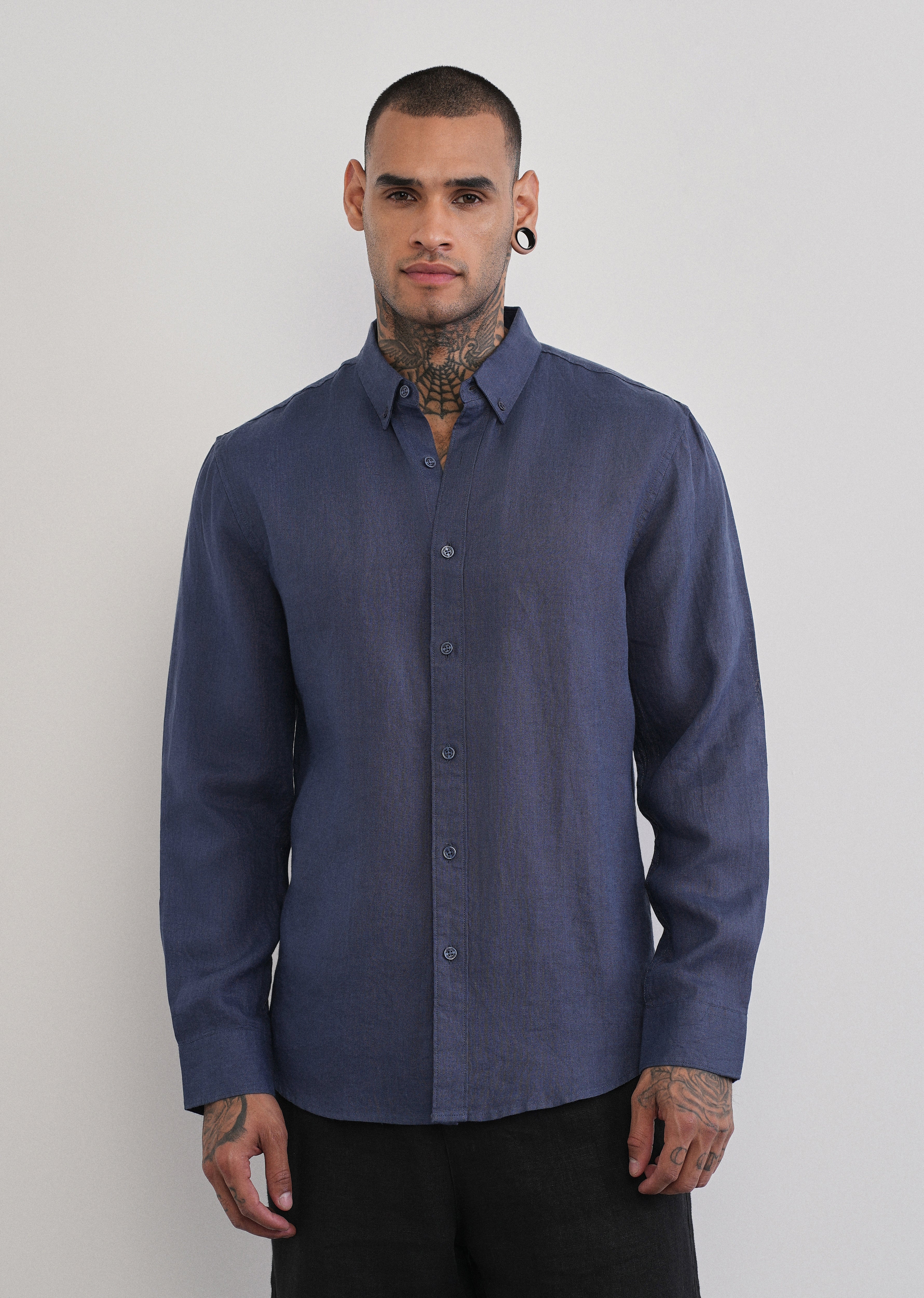 100% Pure Linen Navy Blue Plain Shirt