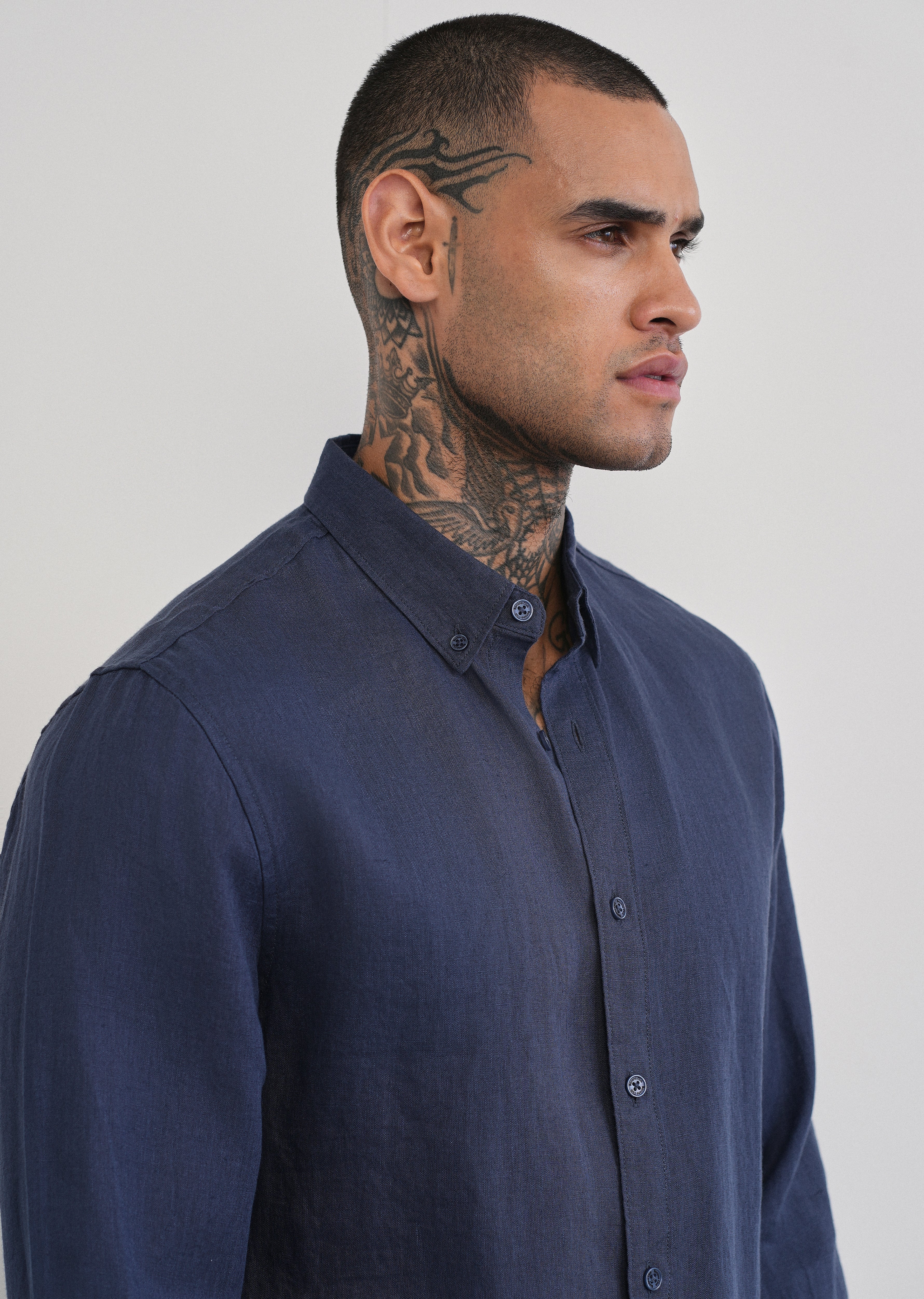 100% Pure Linen Navy Blue Plain Shirt