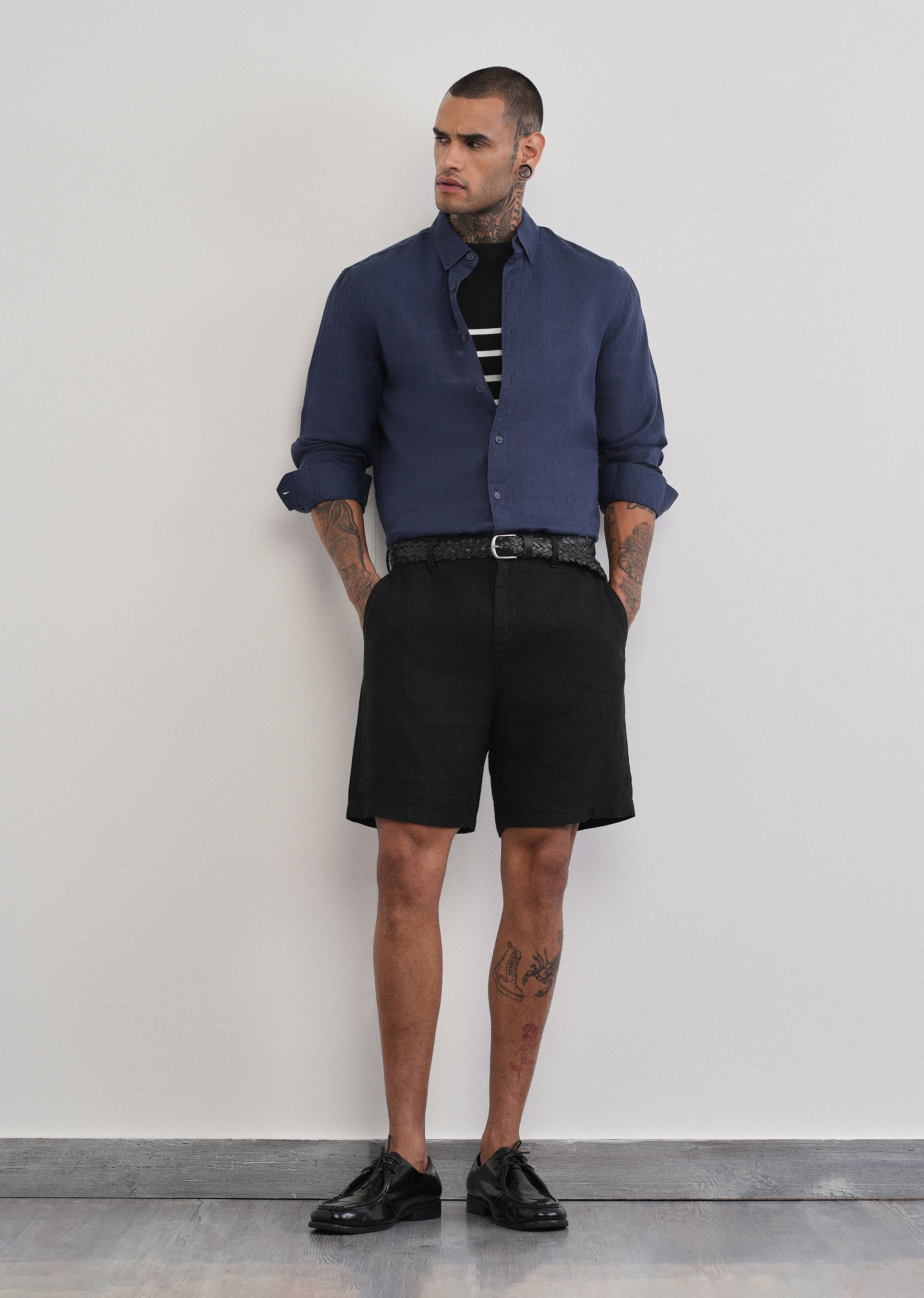 100% Pure Linen Navy Blue Plain Shirt