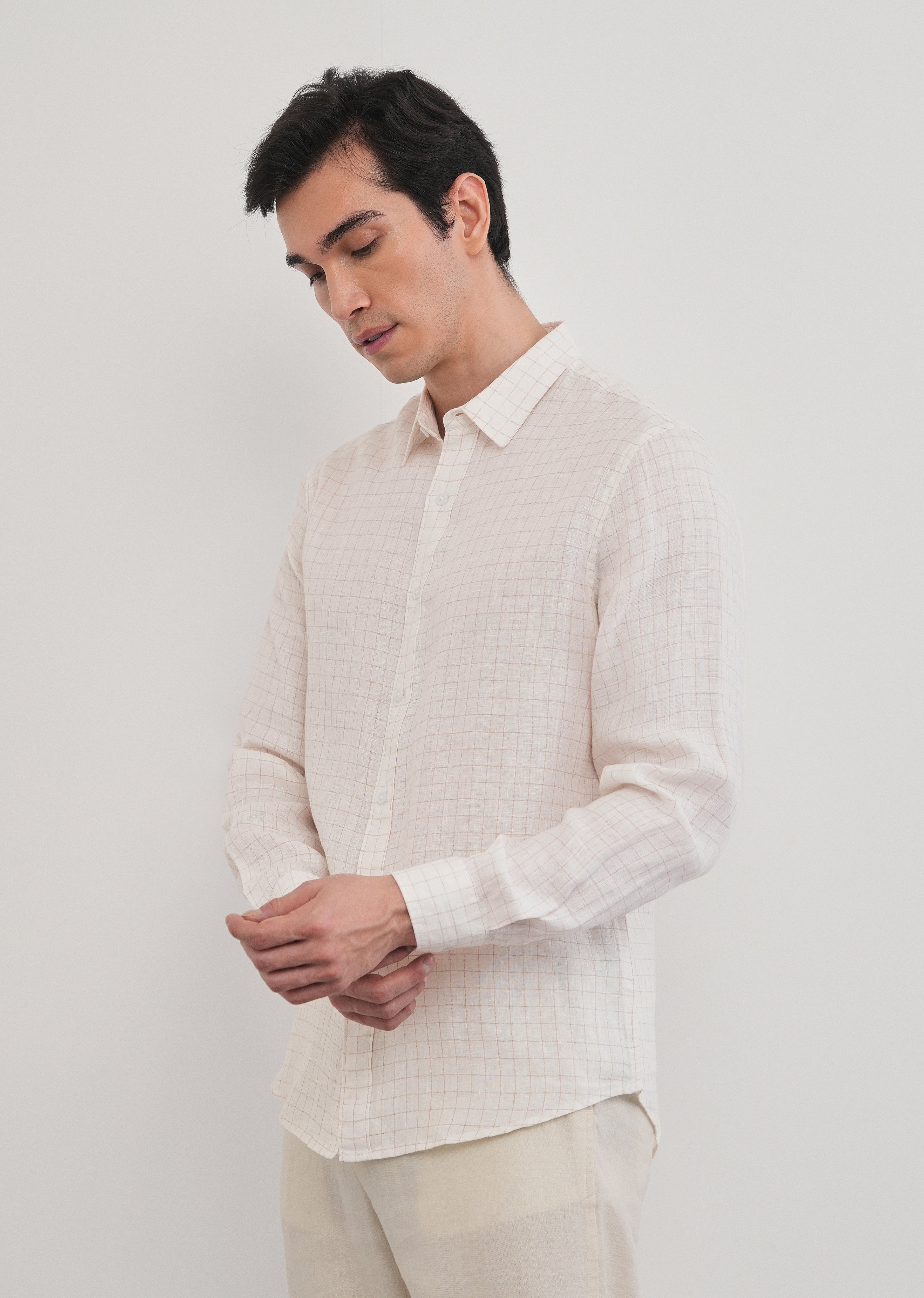 100% Pure Linen Off-White Check Shirt