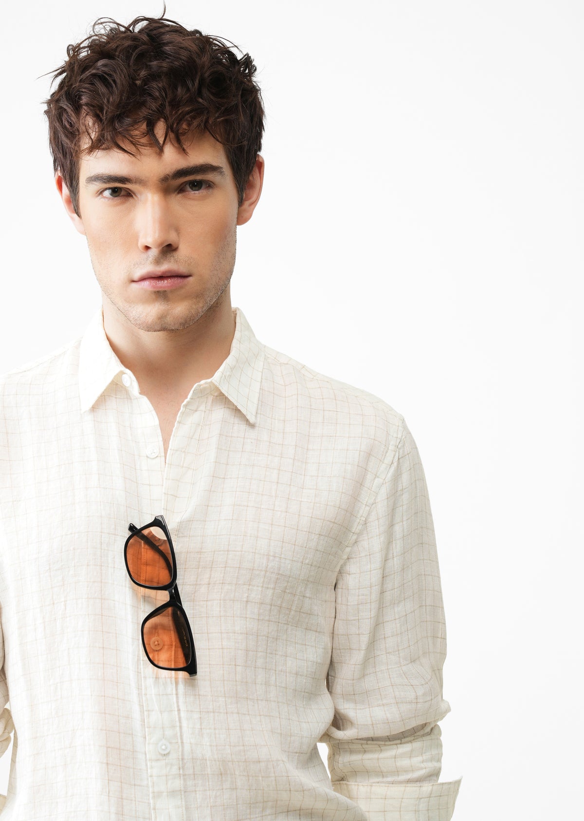 100% Pure Linen Off-White Check Shirt