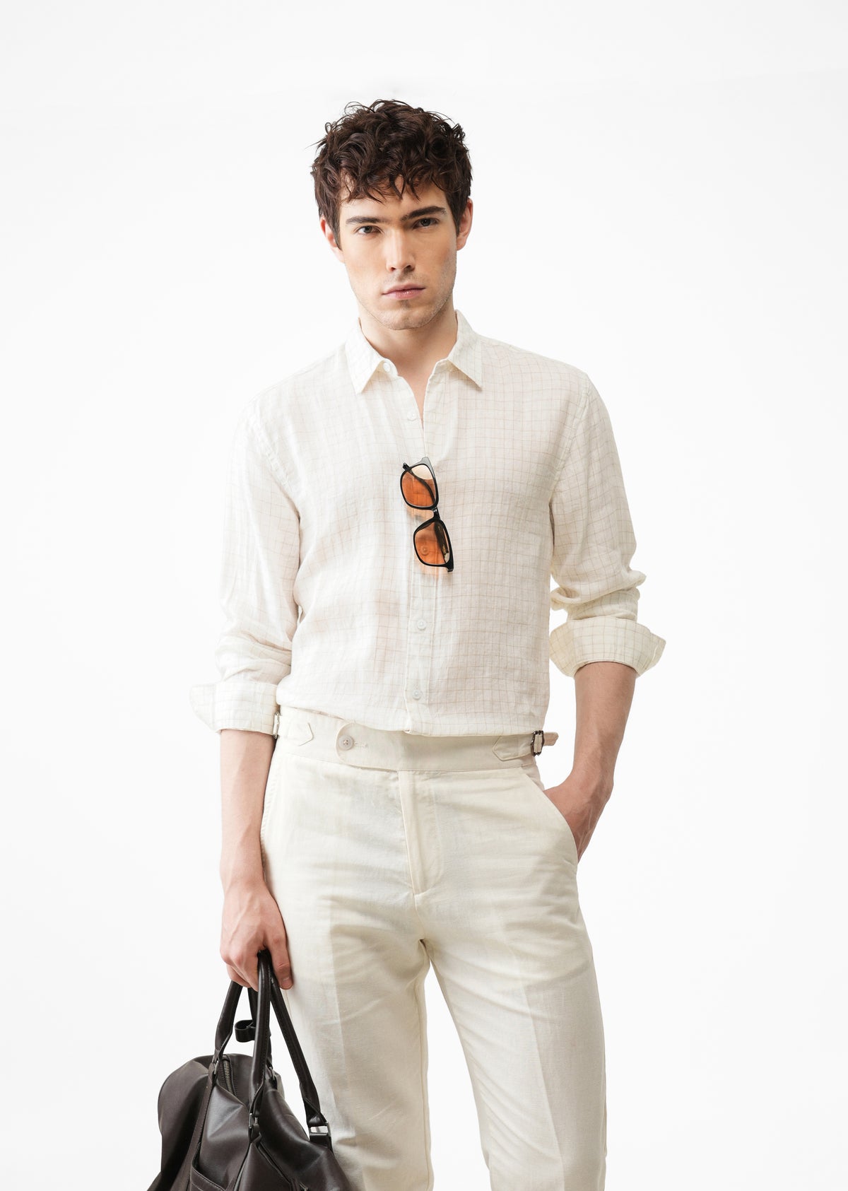 100% Pure Linen Off-White Check Shirt