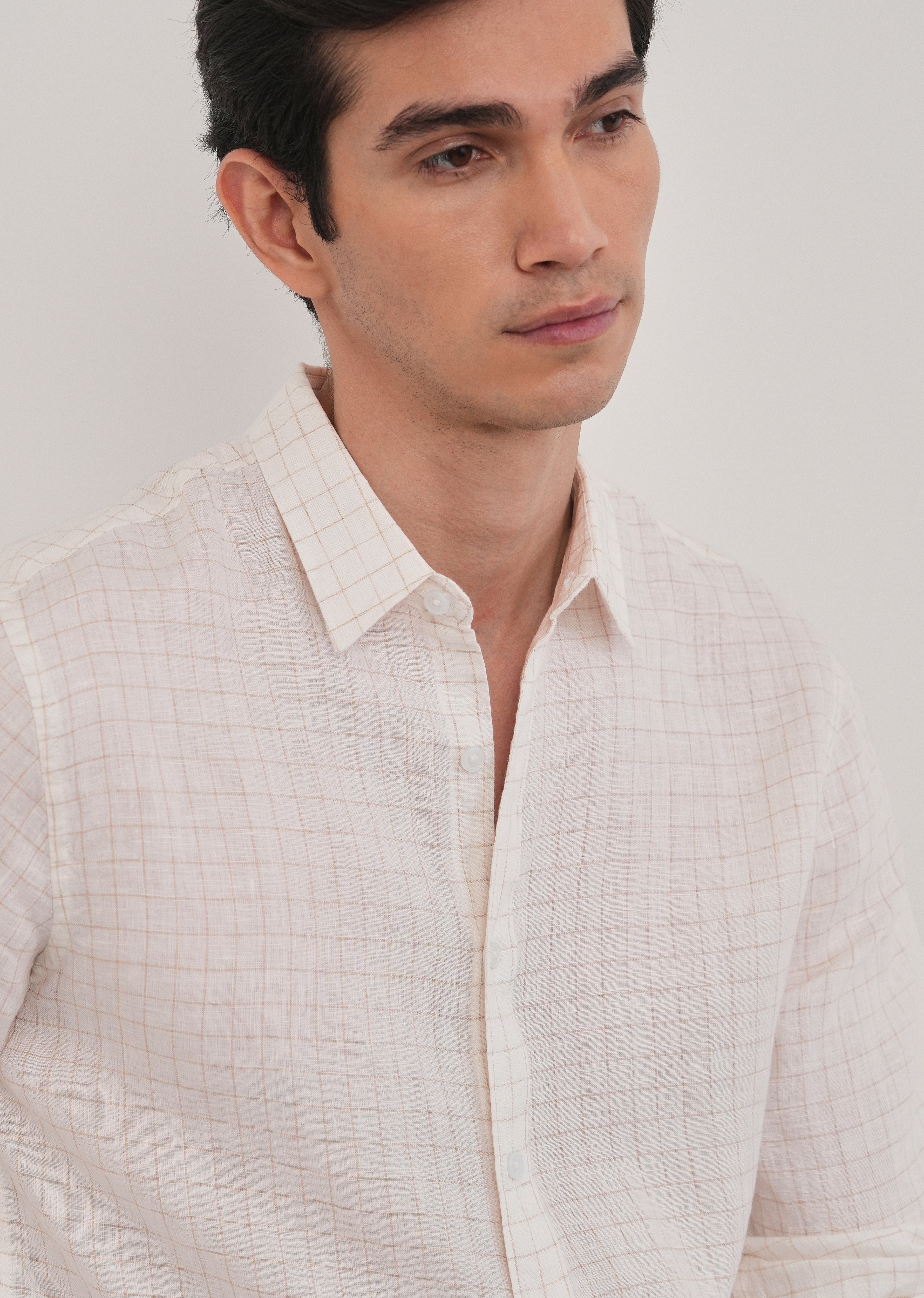 100% Pure Linen Off-White Check Shirt