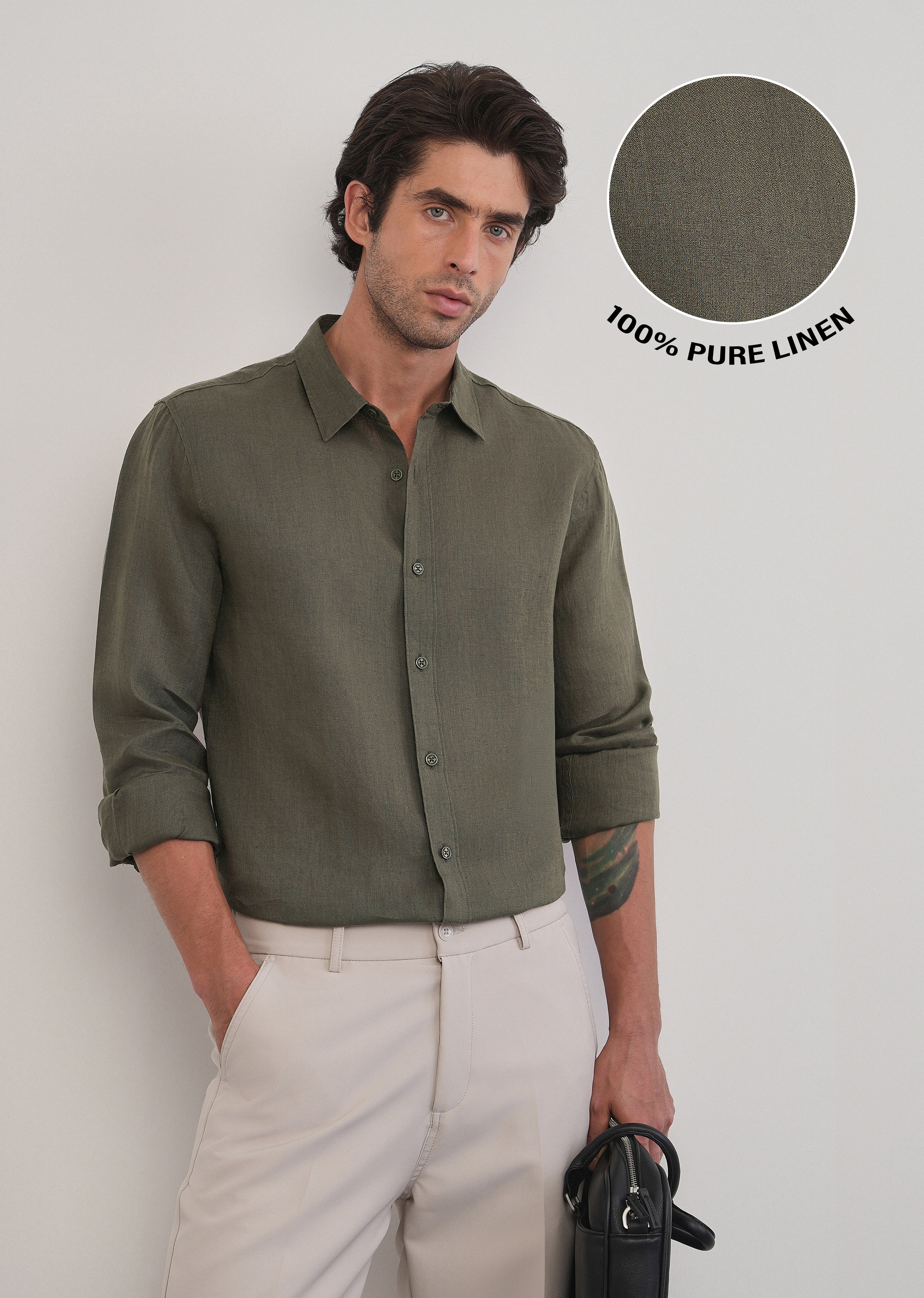 100% Pure Linen Olive Green Plain Shirt