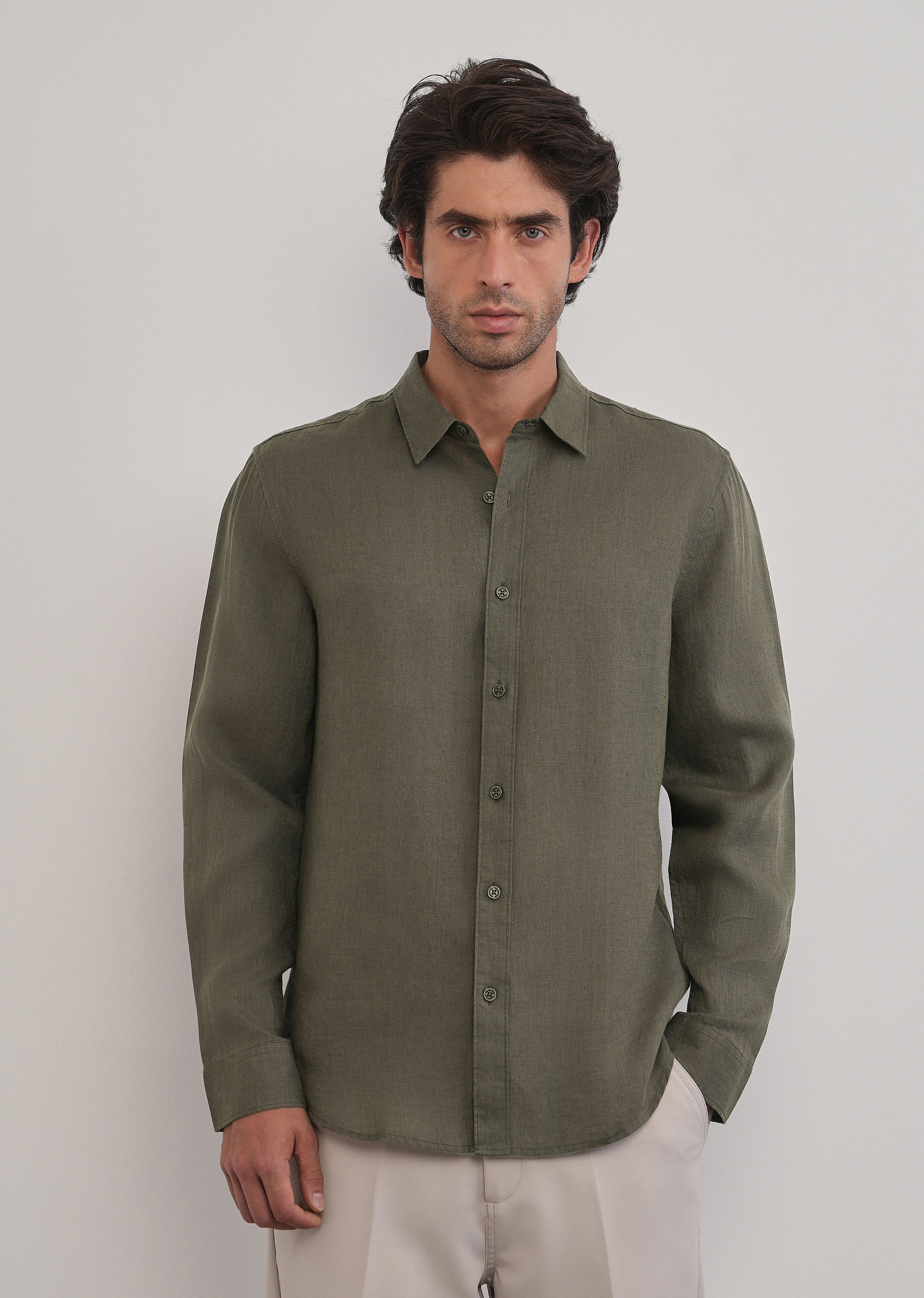 100% Pure Linen Olive Green Plain Shirt