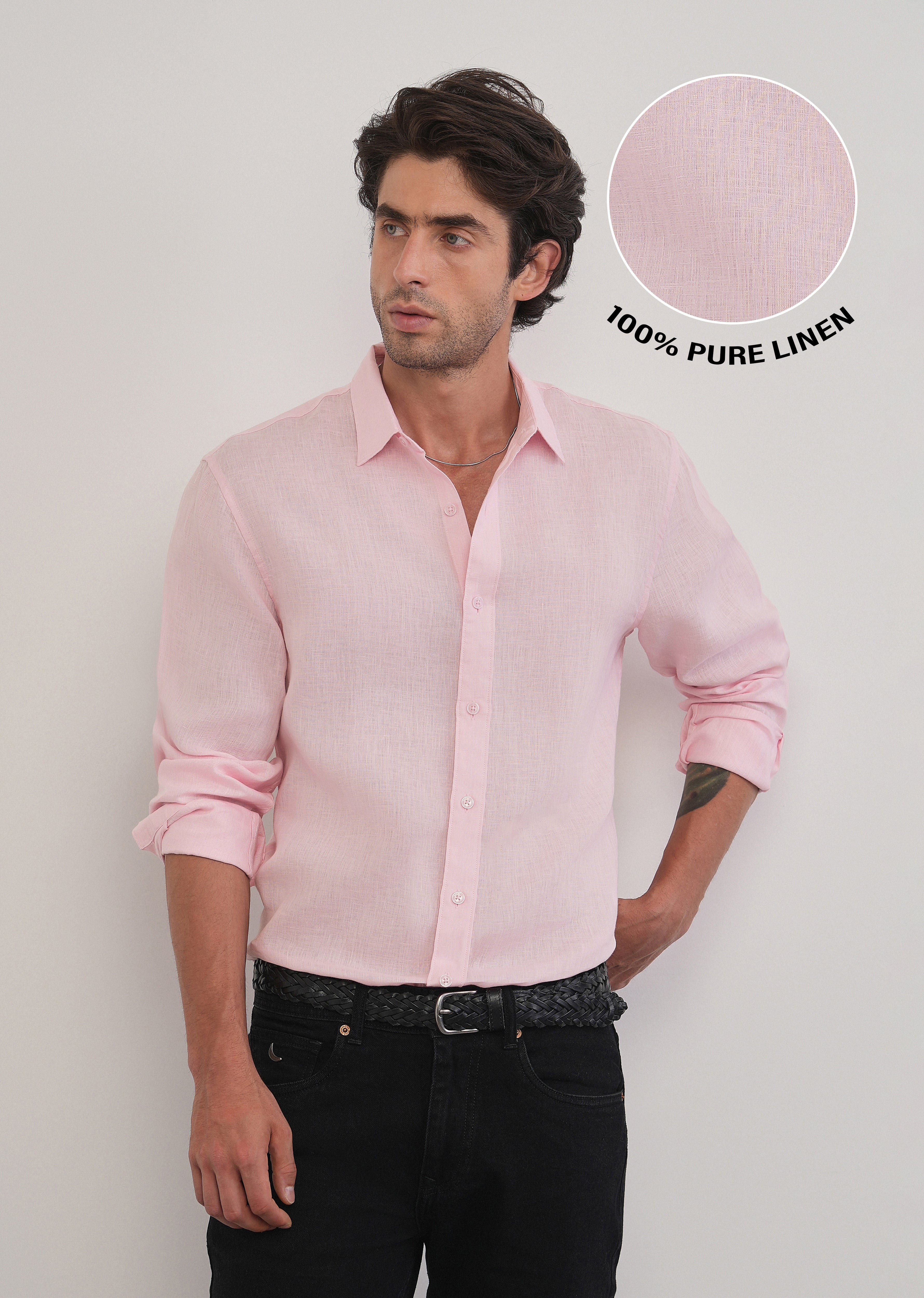 100% Pure Linen Pink Plain Shirt