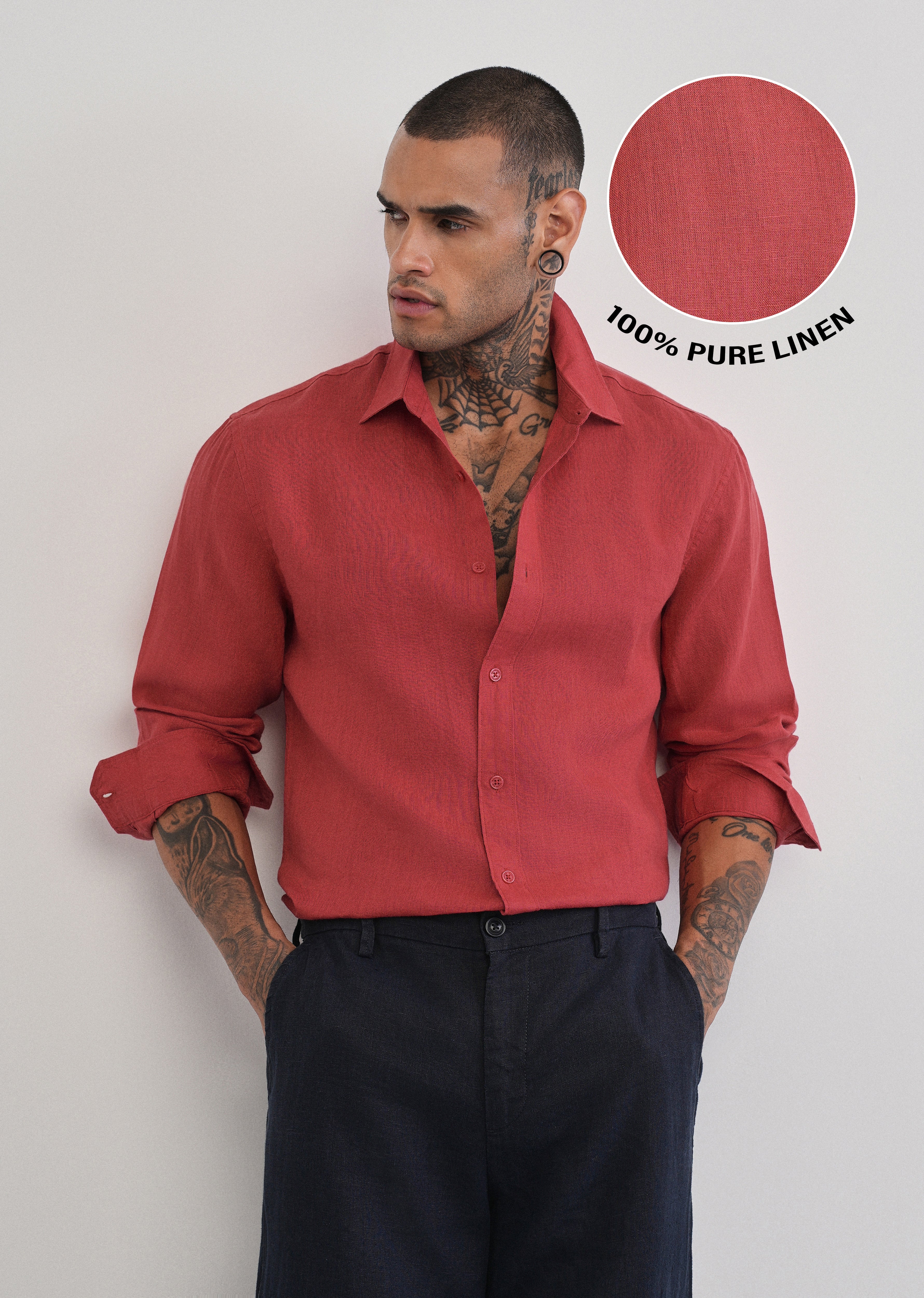 100% Pure Linen Brick Red Plain Shirt