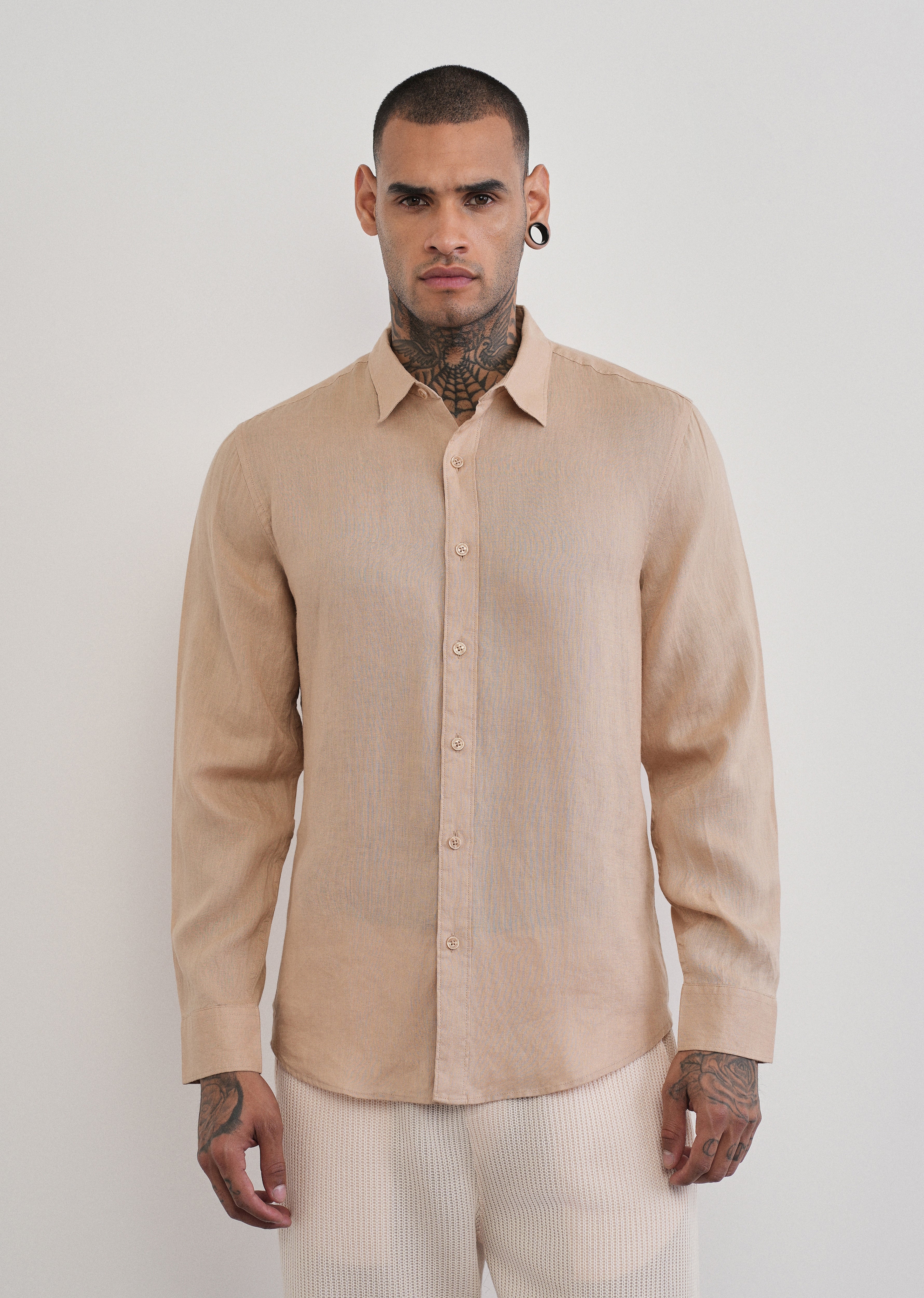 100% Pure Linen Tan Beige Plain Shirt