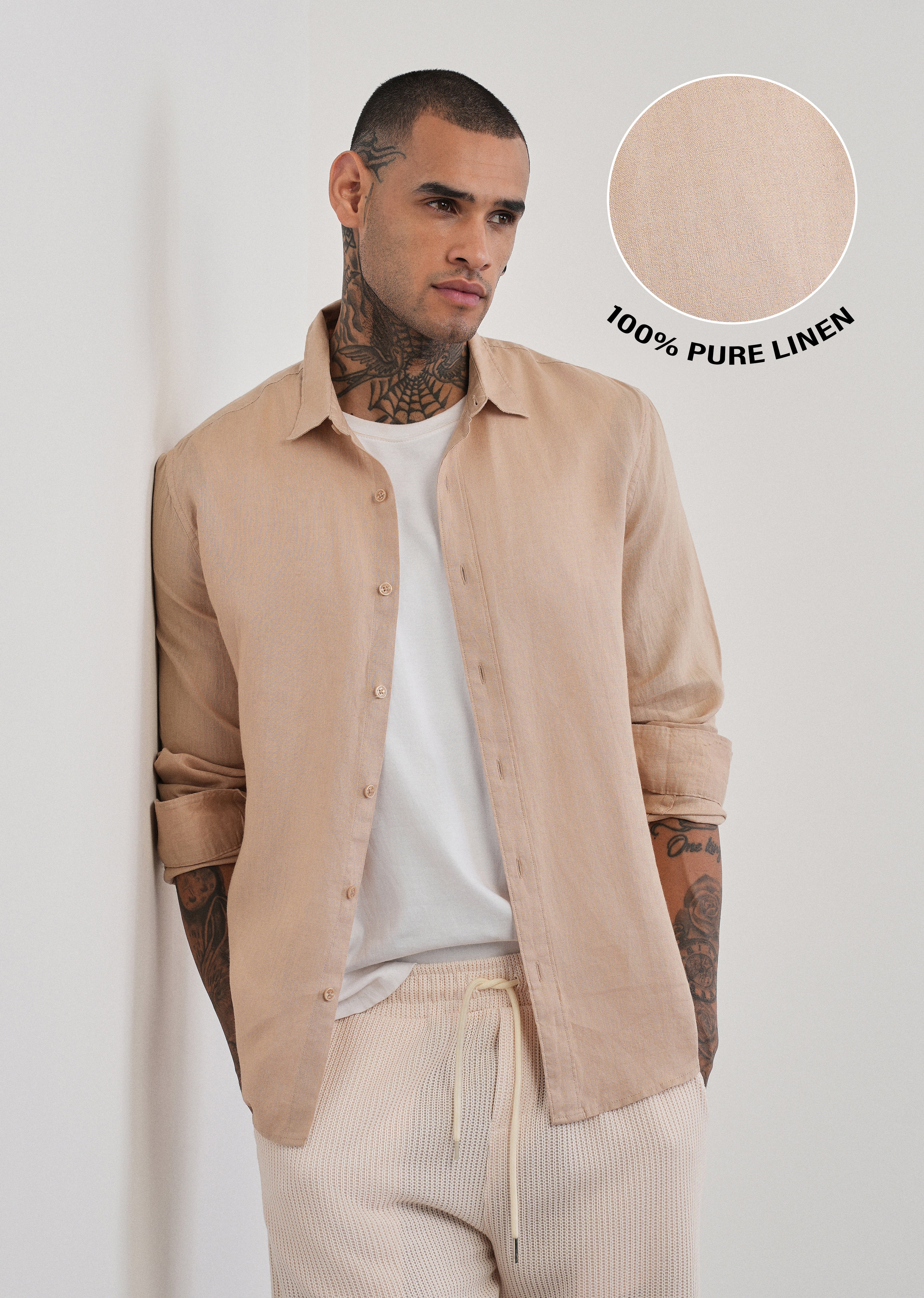 100% Pure Linen Tan Beige Plain Shirt
