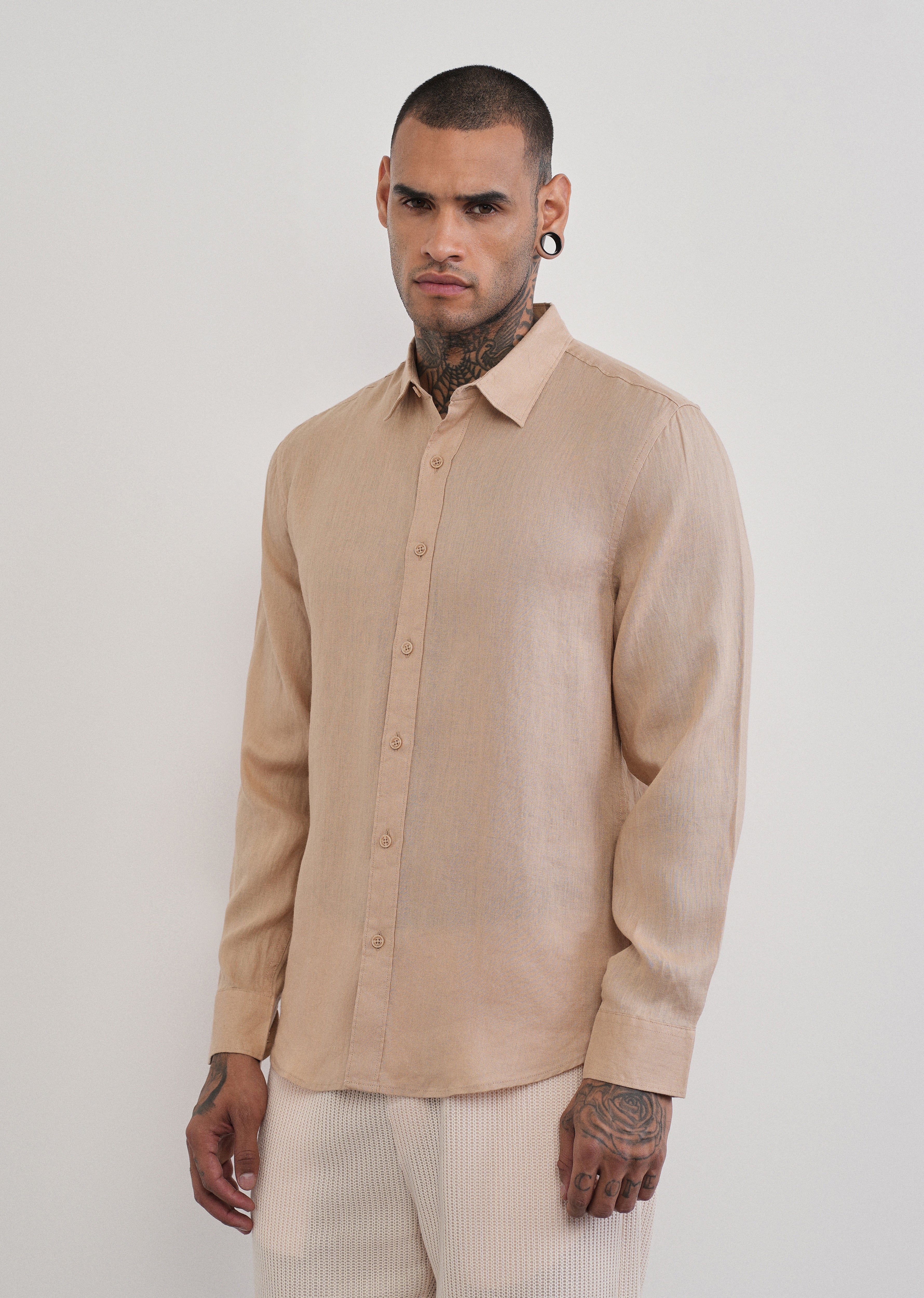 100% Pure Linen Tan Beige Plain Shirt