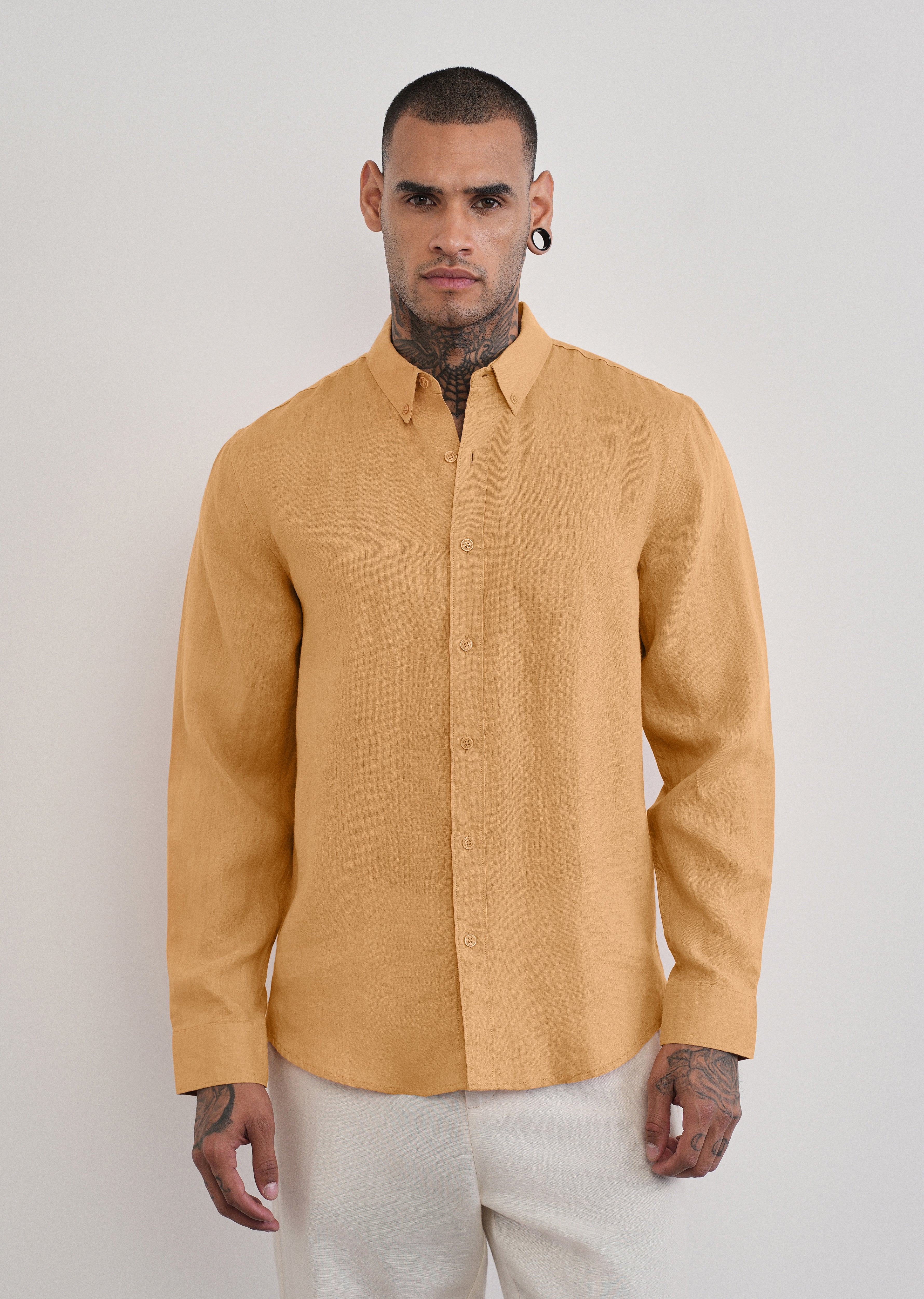 100% Pure Linen Yellow Ochre Plain Shirt