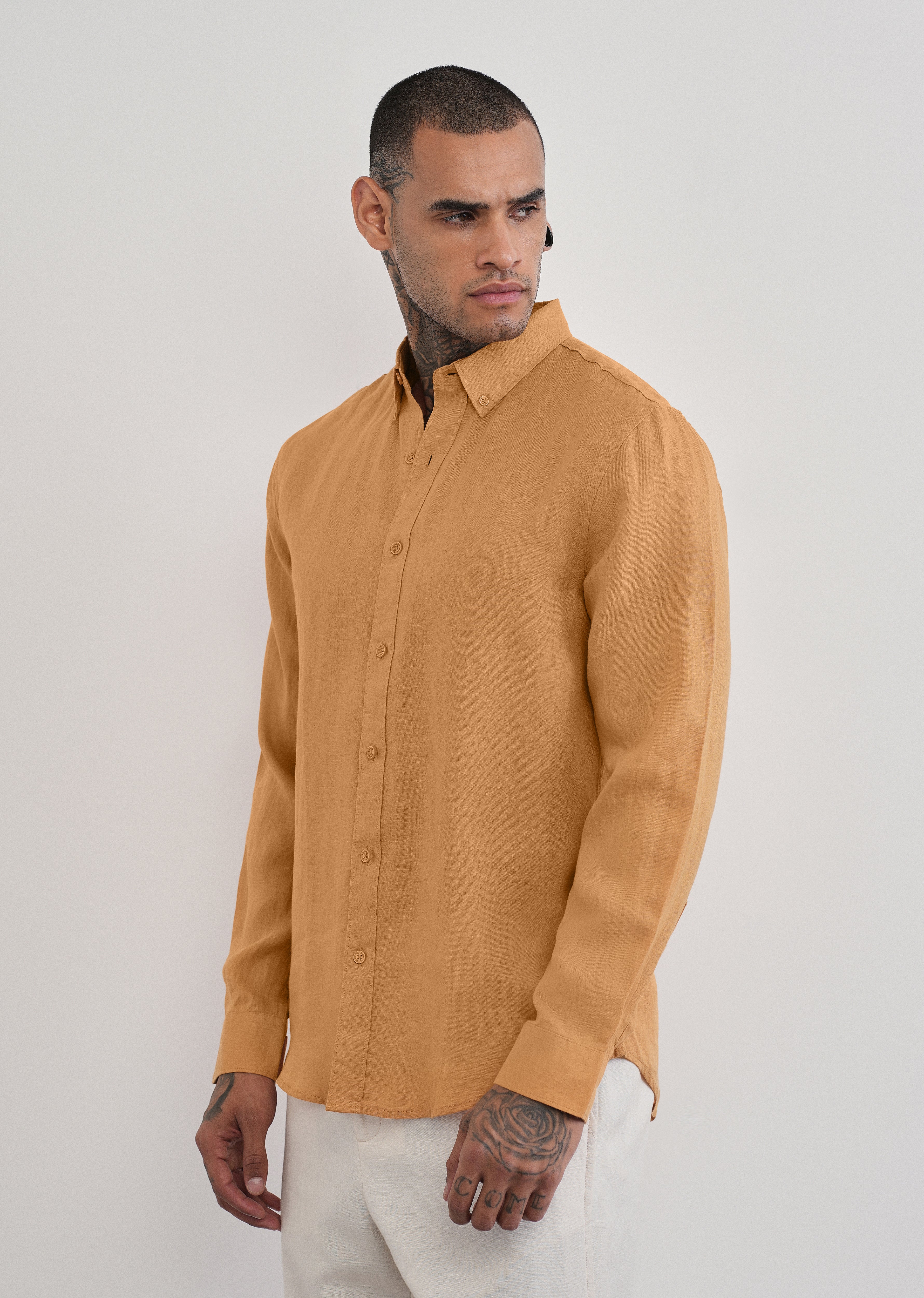 100% Pure Linen Yellow Ochre Plain Shirt